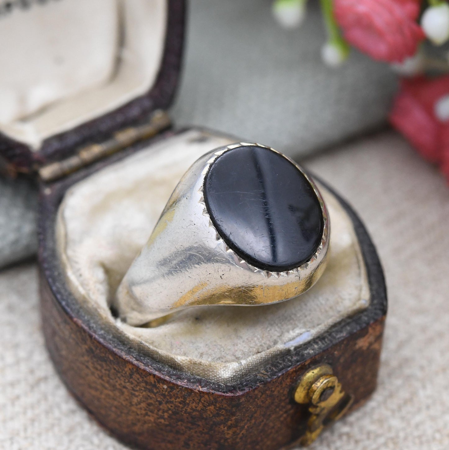 Vintage Sterling Silver Onyx Signet Ring - Gold Plated 22ct On Silver | Chunky Large Unisex Jewellery | UK Size - R | US Size - 8 1/2