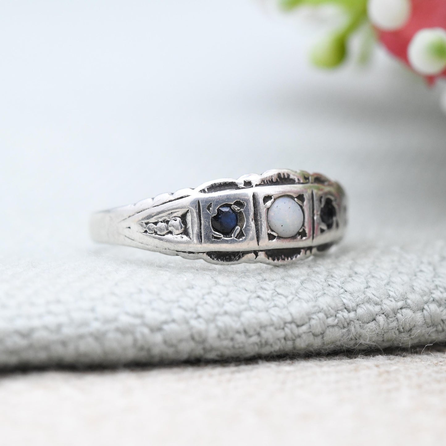 Vintage Sterling Silver Opal and Sapphire Boat Ring c. 1970s - Flush Stones Edwardian Antique Revival Style | UK Size - P | US Size - 7 3/4