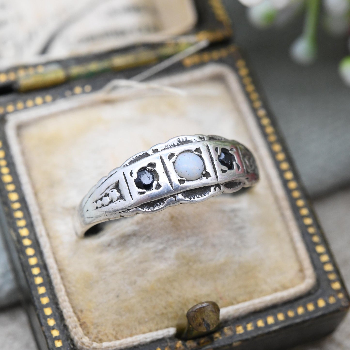 Vintage Sterling Silver Opal and Sapphire Boat Ring c. 1970s - Flush Stones Edwardian Antique Revival Style | UK Size - P | US Size - 7 3/4