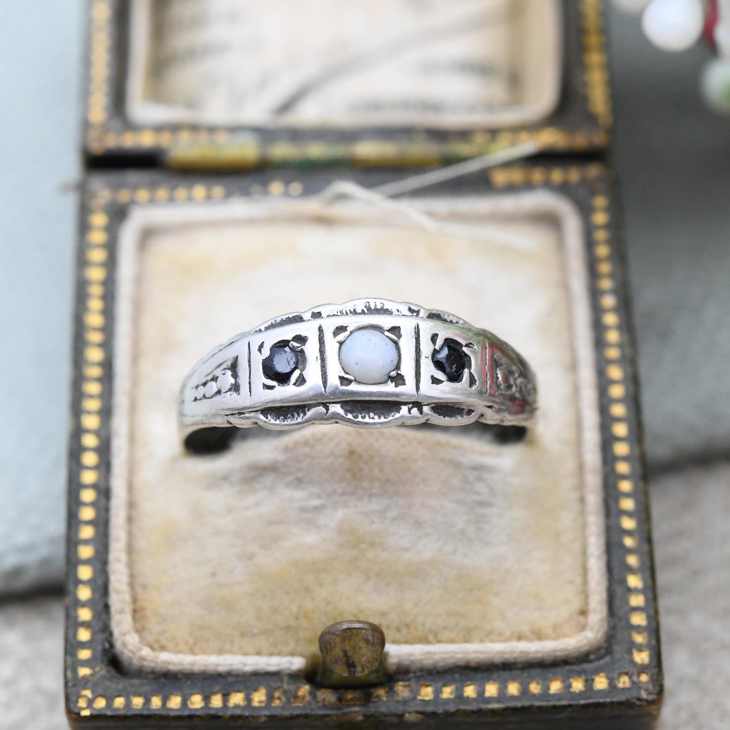 Vintage Sterling Silver Opal and Sapphire Boat Ring c. 1970s - Flush Stones Edwardian Antique Revival Style | UK Size - P | US Size - 7 3/4
