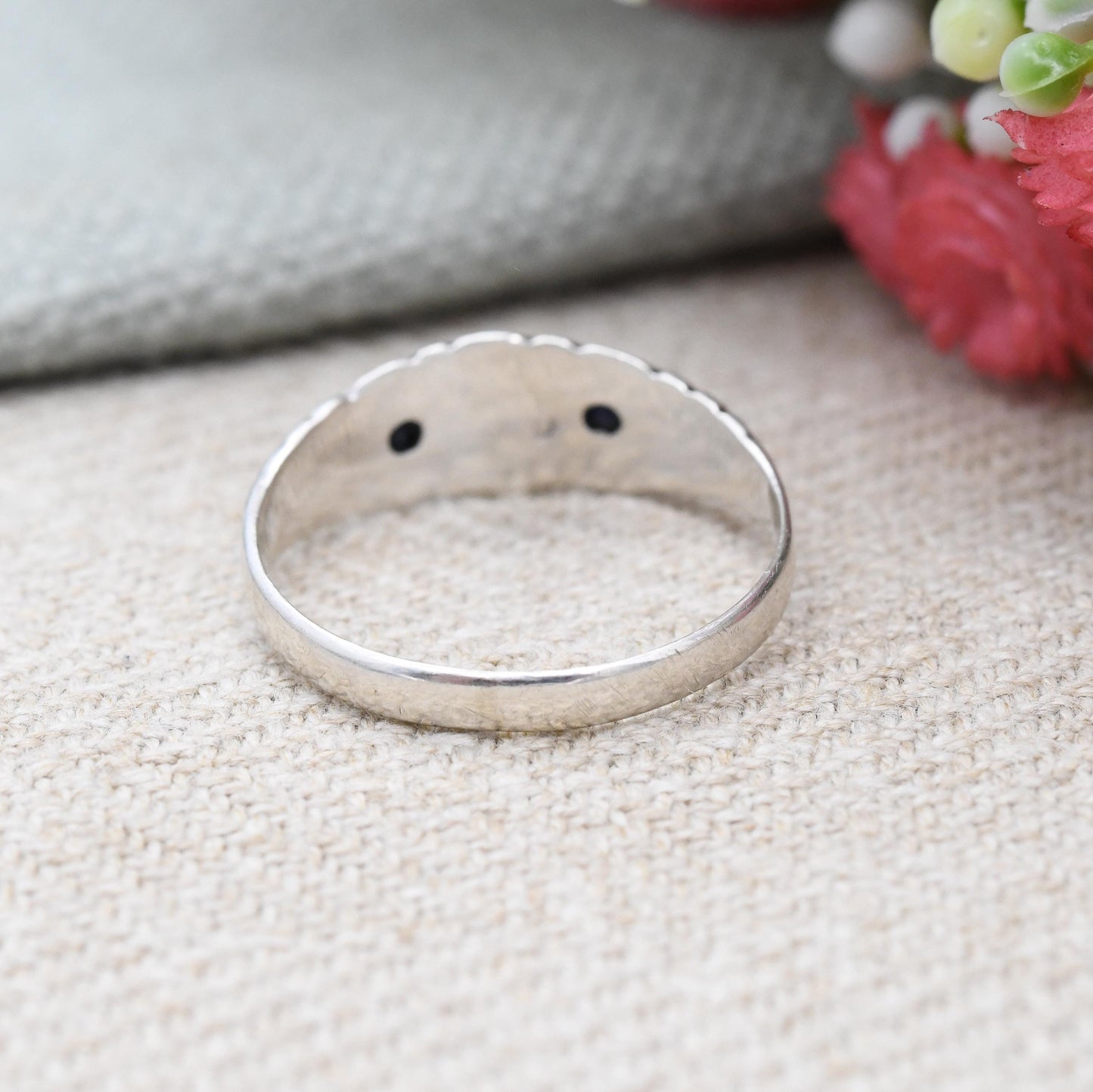 Vintage Sterling Silver Opal and Sapphire Boat Ring c. 1970s - Flush Stones Edwardian Antique Revival Style | UK Size - P | US Size - 7 3/4