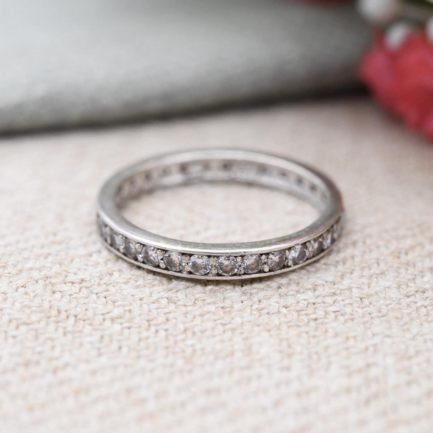 Sterling Silver DQCZ Eternity Ring - Y2K Sparkly Stacking Band Ring Clear Stone Cubic Zirconia | UK Size - M | US Size - 6 1/4