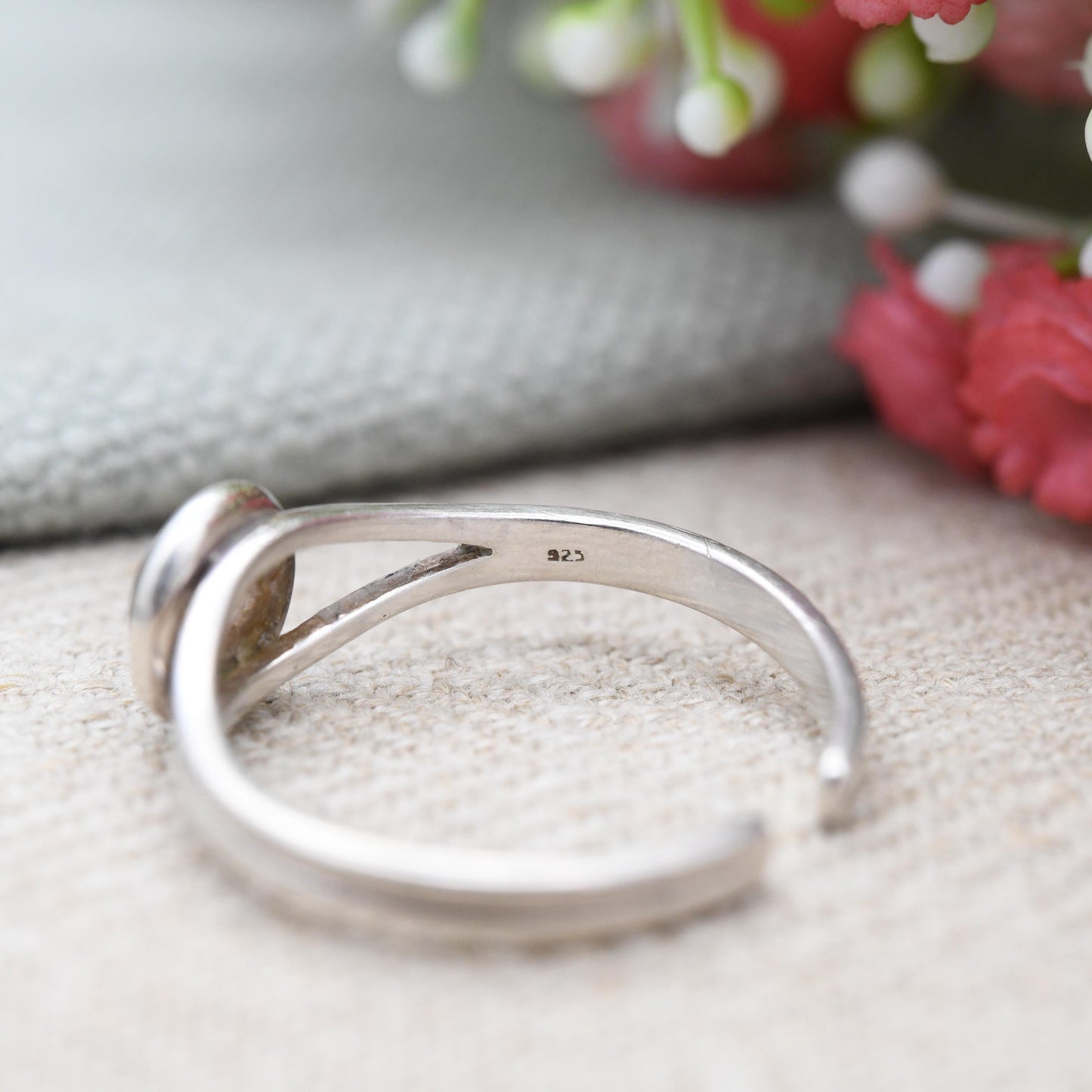 Sterling Silver Heather Gem Ring Scottish Pressed Flower Stem - Minimal Jewellery Adjustable Band Large Ring | UK Size - S | US Size - 9