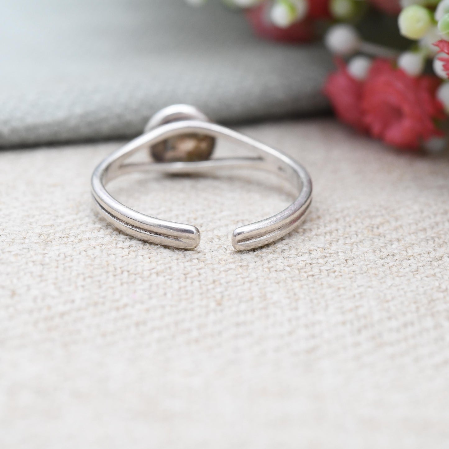 Sterling Silver Heather Gem Ring Scottish Pressed Flower Stem - Minimal Jewellery Adjustable Band Large Ring | UK Size - S | US Size - 9