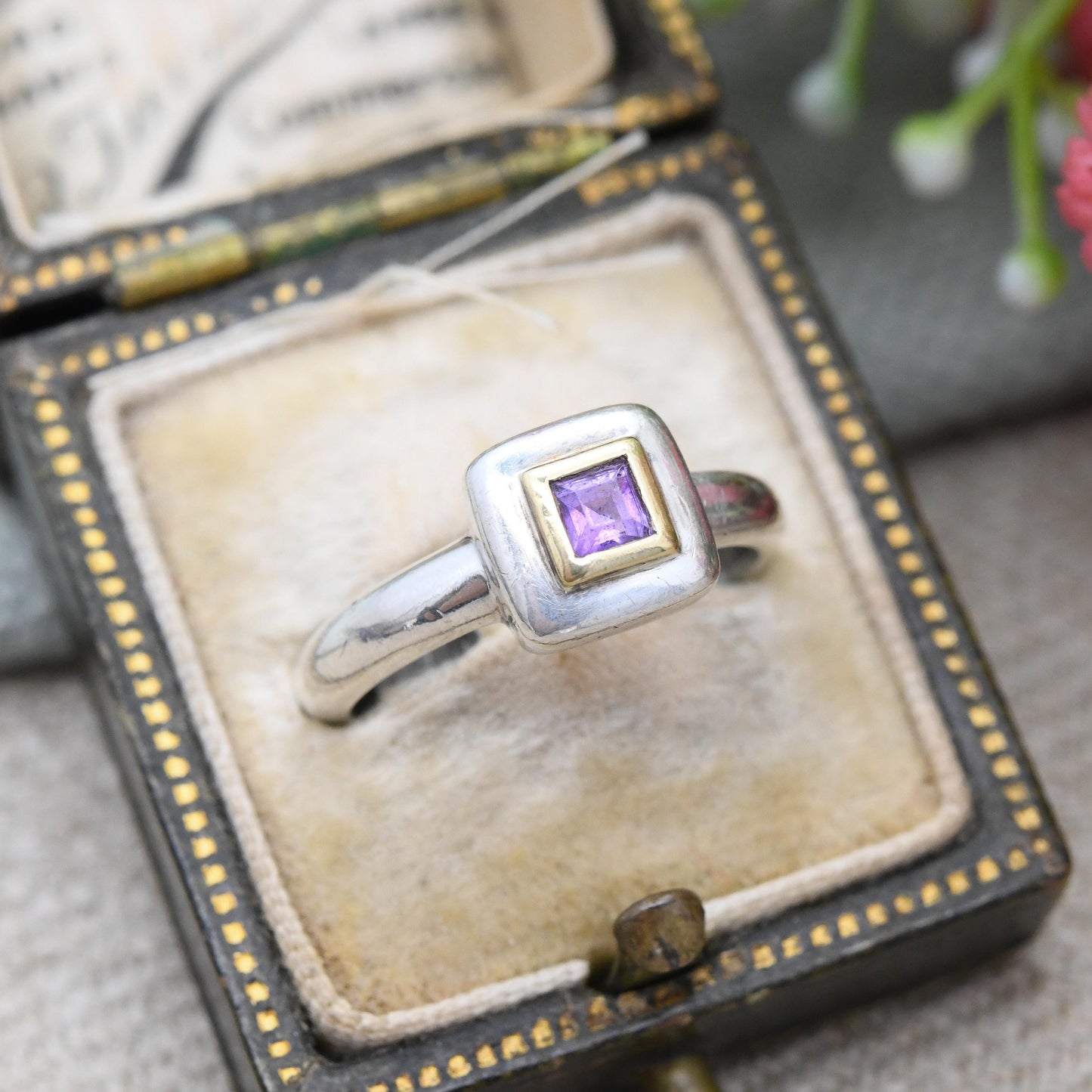 Vintage Links of London Sterling Silver and Gold Amethyst Ring 1999 - Designer Purple Stone Solitaire Y2K | UK Size - K | US Size - 5 1/4