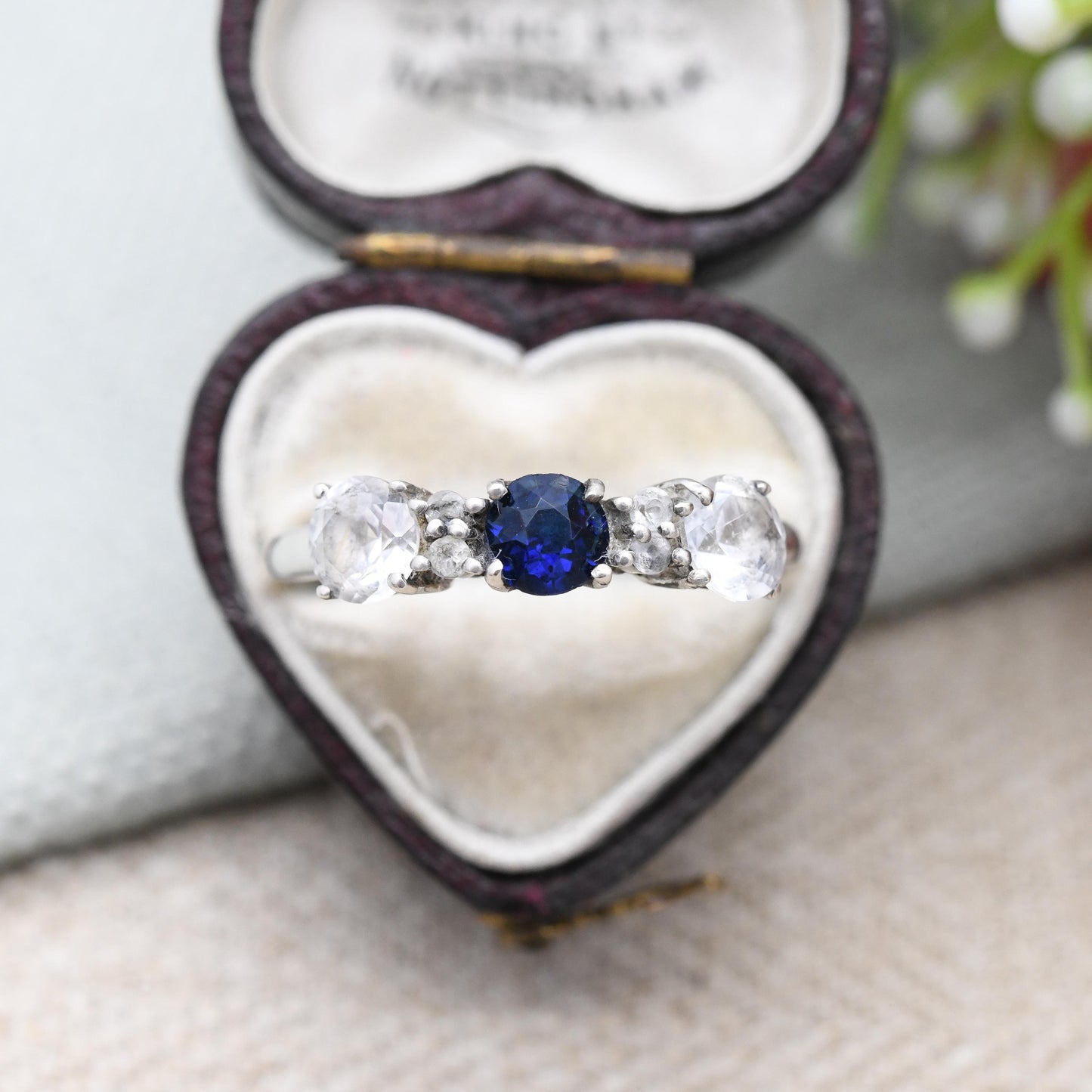 TGGC Sterling Silver Three Stone Ring Trilogy Gemstone - Faceted Clear Stone Deep Blue with Accent Stones | UK Size - U | US Size - 10