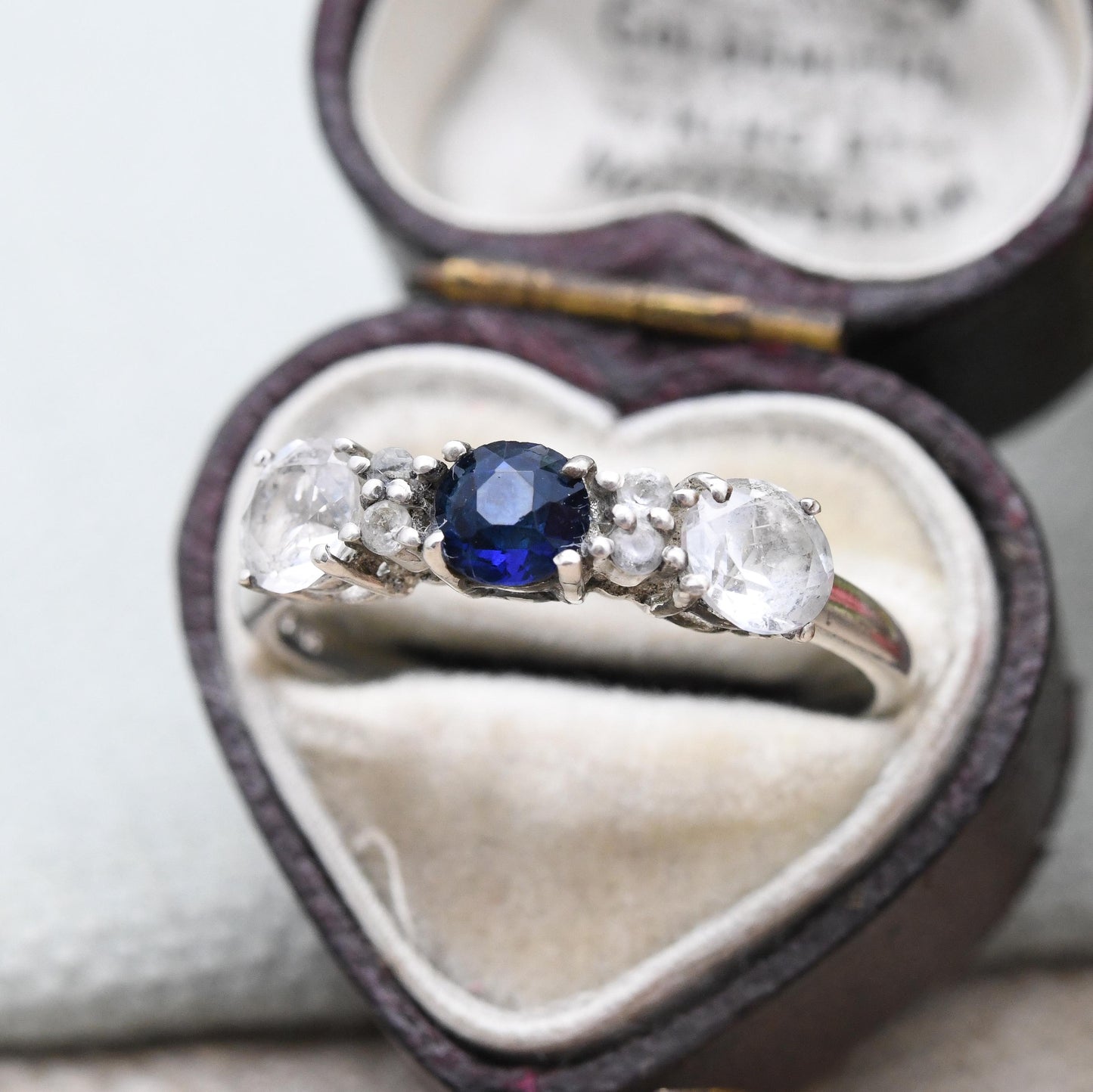 TGGC Sterling Silver Three Stone Ring Trilogy Gemstone - Faceted Clear Stone Deep Blue with Accent Stones | UK Size - U | US Size - 10