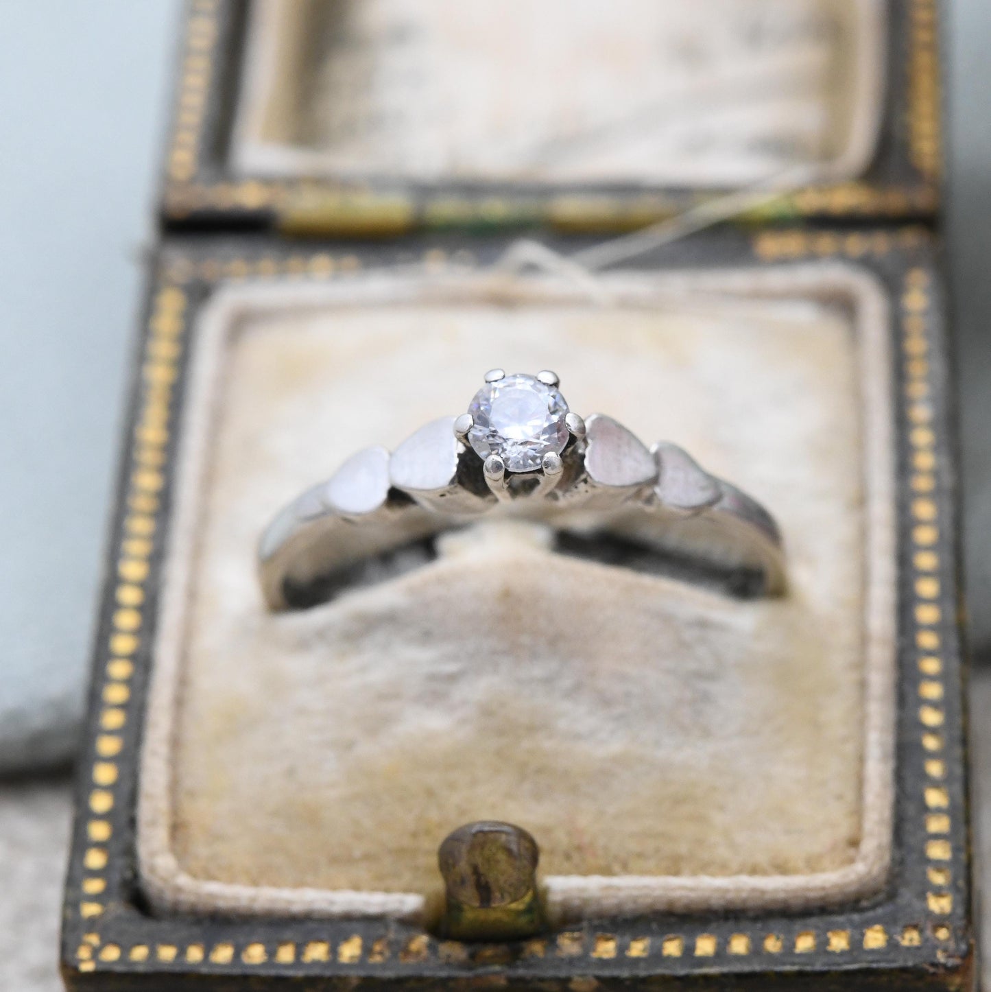 Vintage Sterling Silver Cubic Zirconia Solitaire Ring Heart Shoulders - Sparkly Clear Stone CZ Placeholder | UK Size - M 1/2 US Size - 6 1/2