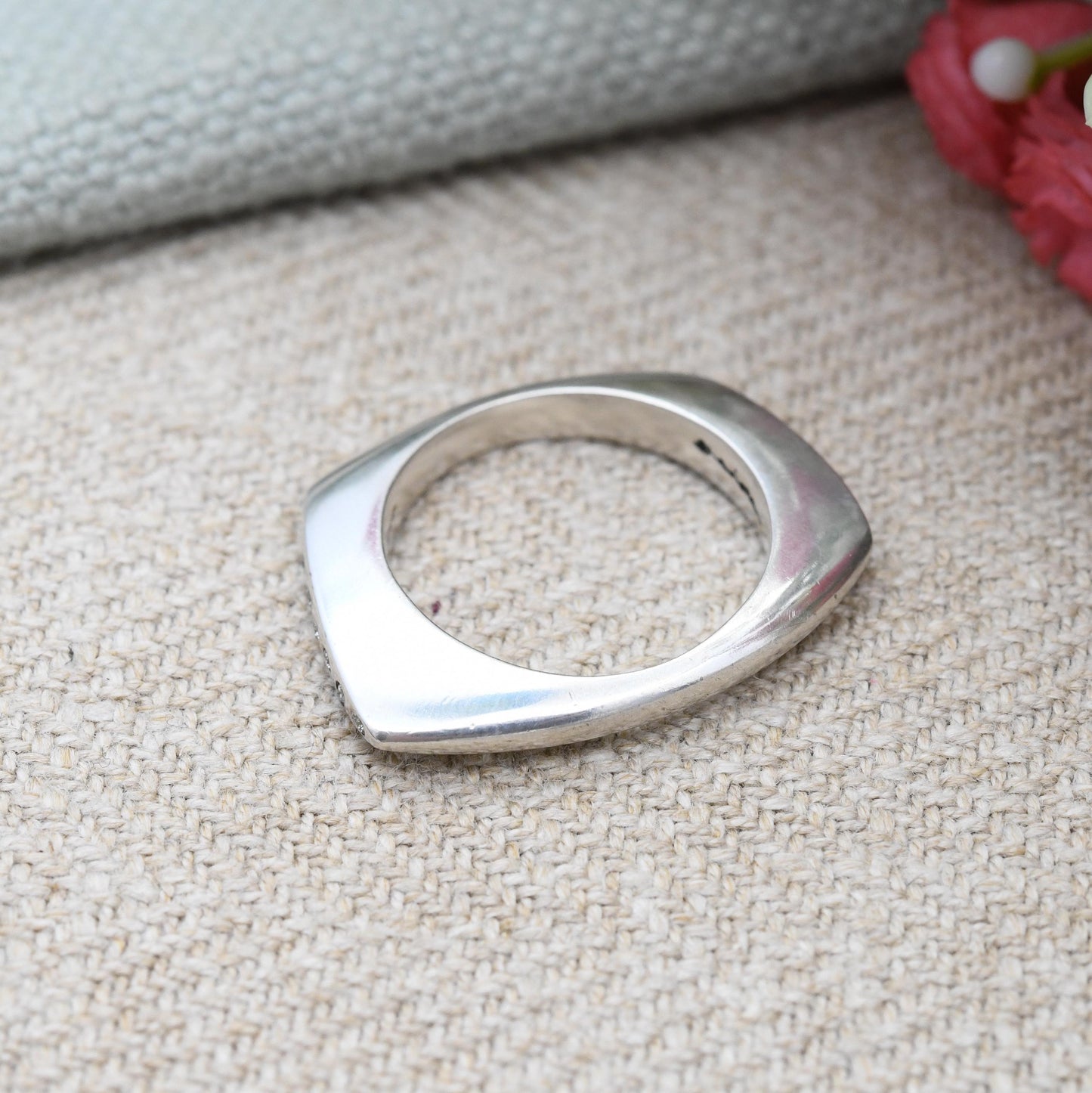Diamond Sterling Silver Square Band Ring 2004 - Unusual Designer Silver Jewellery | Stacking Ring | UK Size - K 1/2 | US Size - 5 1/2