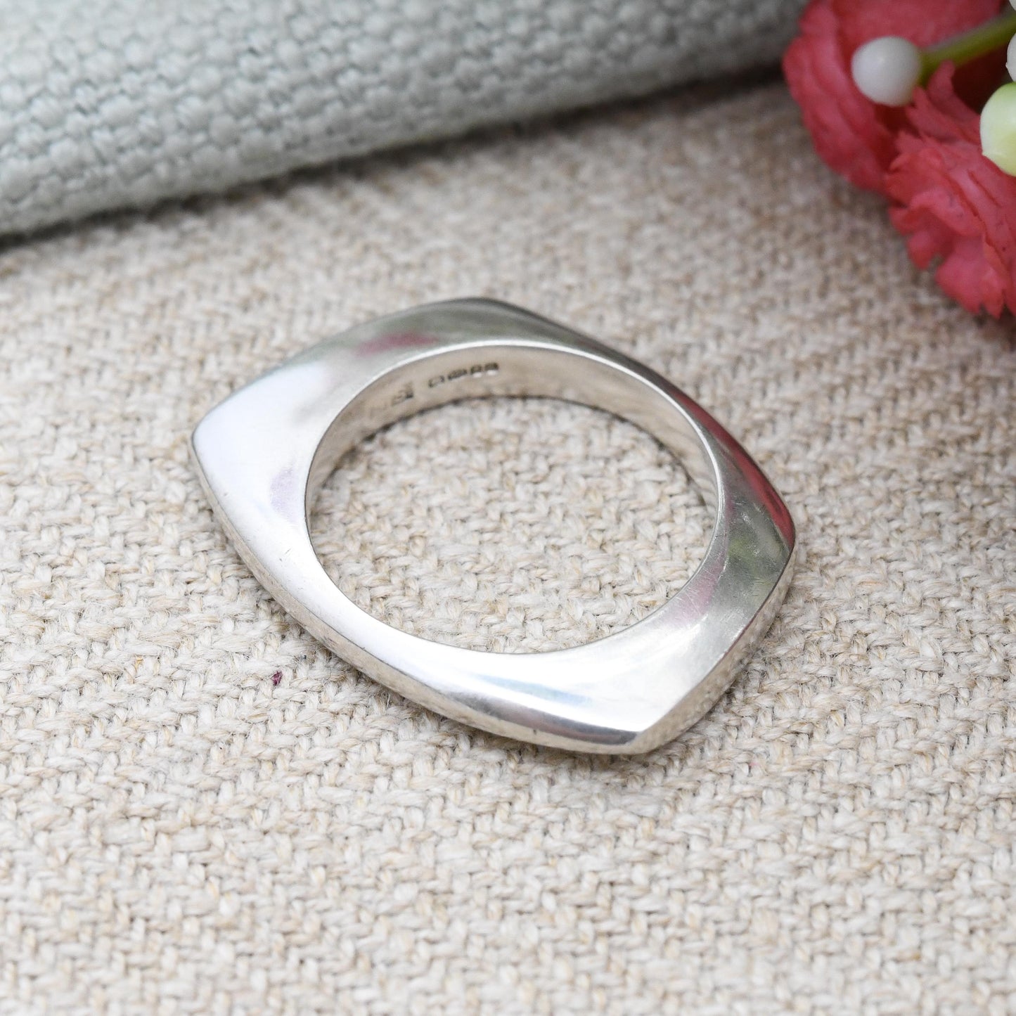 Diamond Sterling Silver Square Band Ring 2004 - Unusual Designer Silver Jewellery | Stacking Ring | UK Size - K 1/2 | US Size - 5 1/2