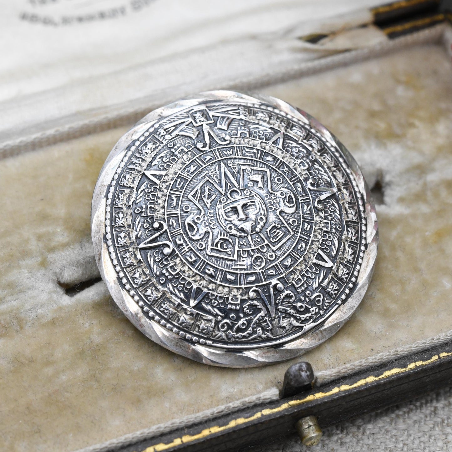 Vintage Mexican Sterling Silver Aztec Sun Stone Brooch Pendant - Mid-Century Hecho En Mexico Signed | Silver Stone Rounded Circular Design