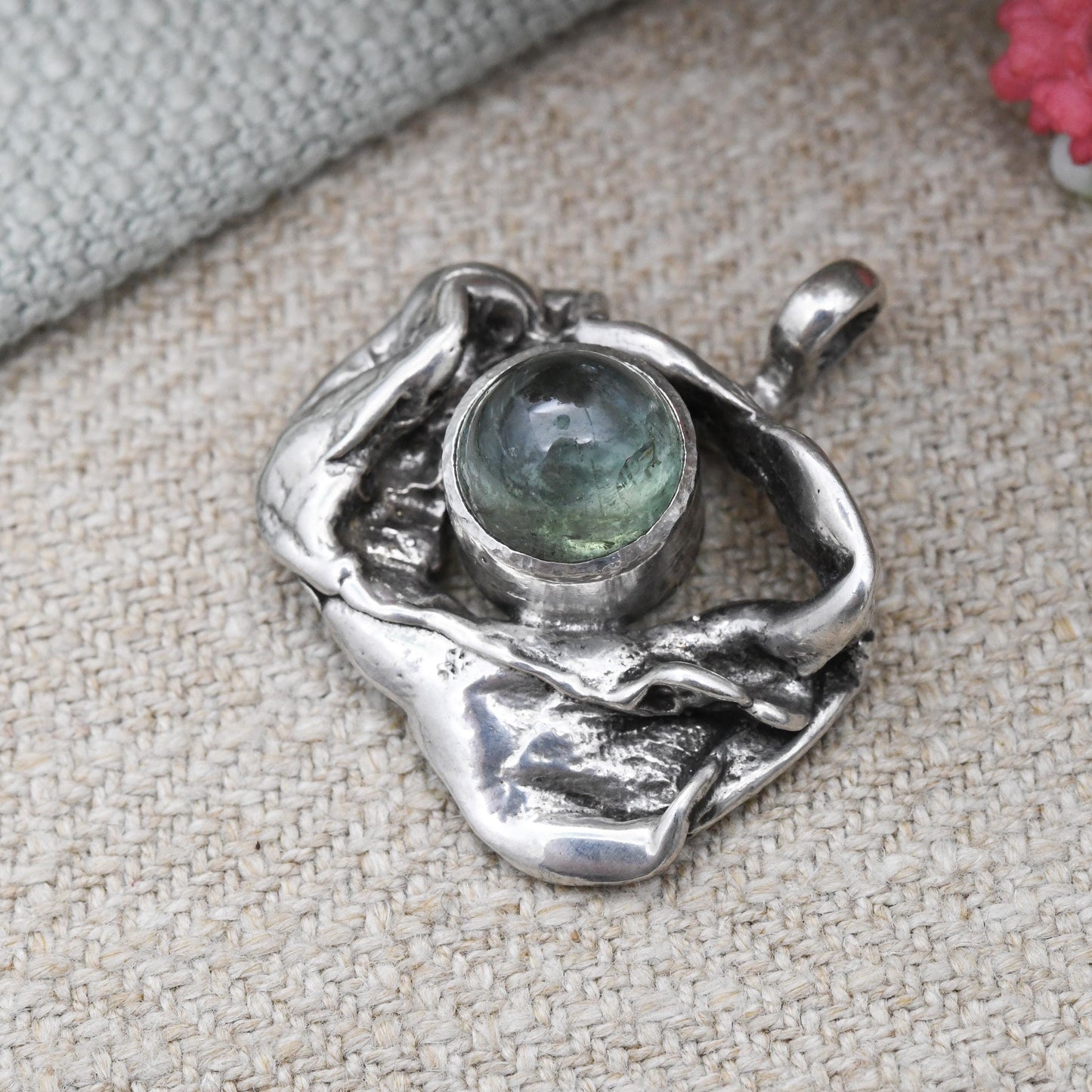 Vintage Studio Sterling Silver Gemstone Pendant - Sculptural Mid-Century Modernist Style Solid Silver Jewellery | Off-Centre Naturalistic