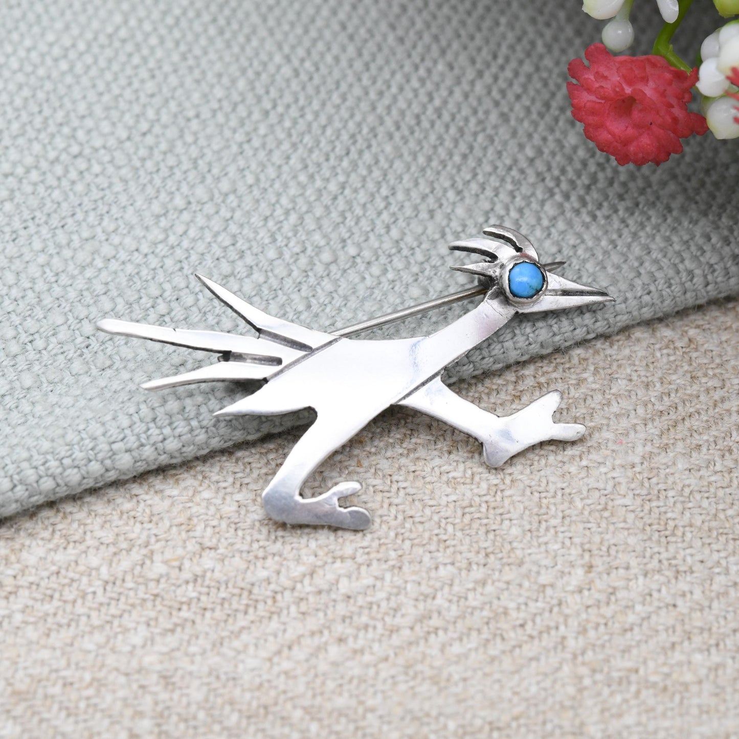 Vintage Sterling Silver Roadrunner Brooch with Turquoise Eye - Navajo Southwestern Design | American Running Bird Pin with Blue Stone