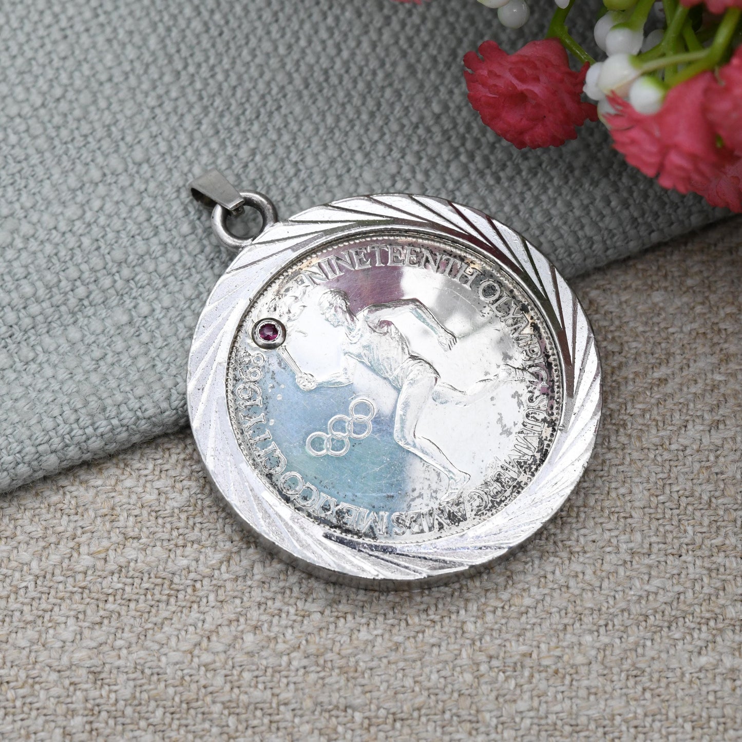 Vintage 1968 Silver Olympics Medal Pendant Set with Ruby - 19th Mexico City Summer Games 10th Grenoble Winter Games | Commemorative Souvenir