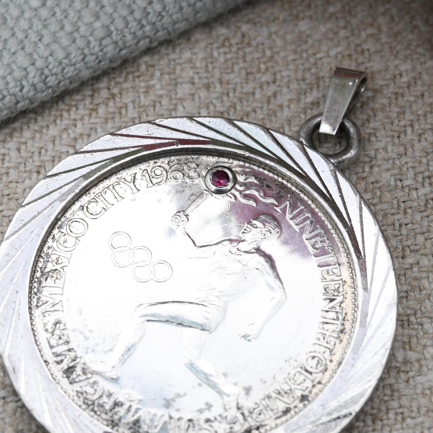 Vintage 1968 Silver Olympics Medal Pendant Set with Ruby - 19th Mexico City Summer Games 10th Grenoble Winter Games | Commemorative Souvenir