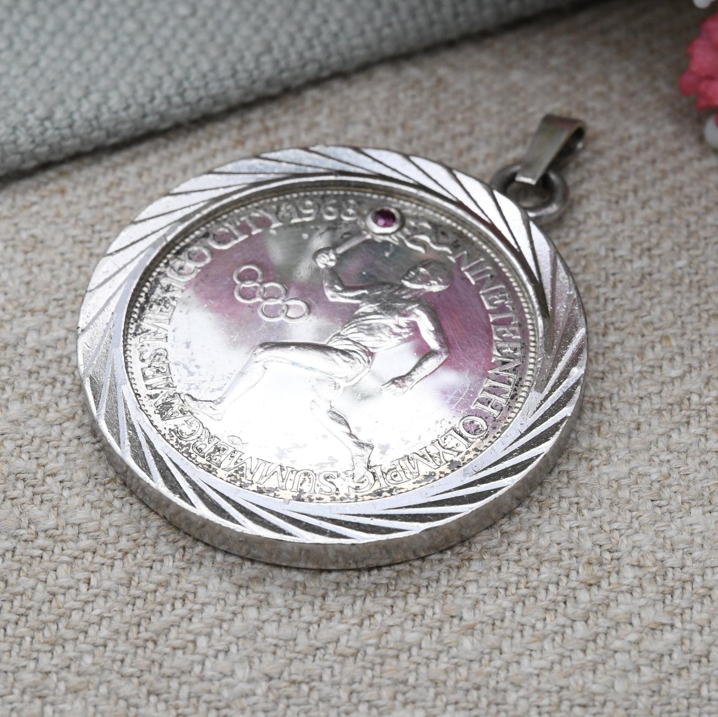 Vintage 1968 Silver Olympics Medal Pendant Set with Ruby - 19th Mexico City Summer Games 10th Grenoble Winter Games | Commemorative Souvenir