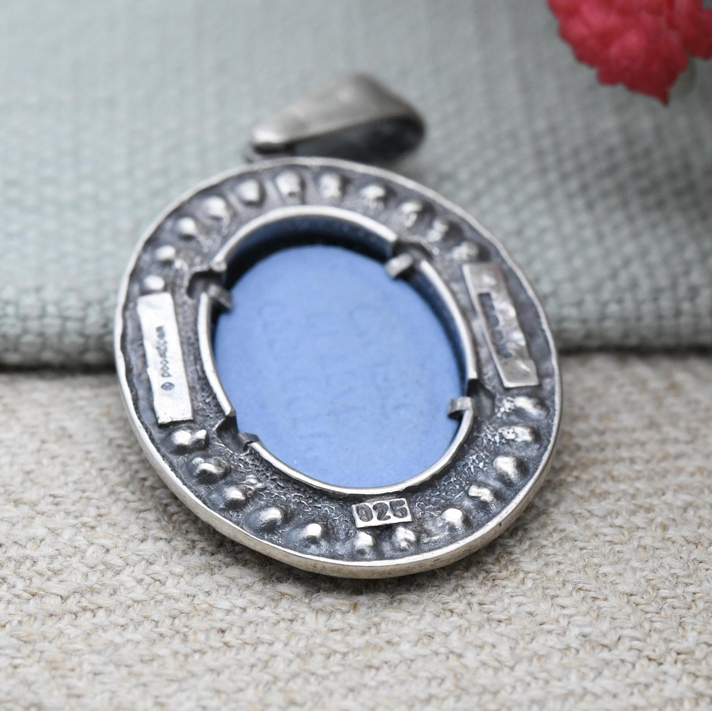 Wedgwood Sterling Silver Goddess Blue Jasperware Pendant 2001 - Sparkly CZ Border Frame Oval Classical Cameo | Designer Made in England