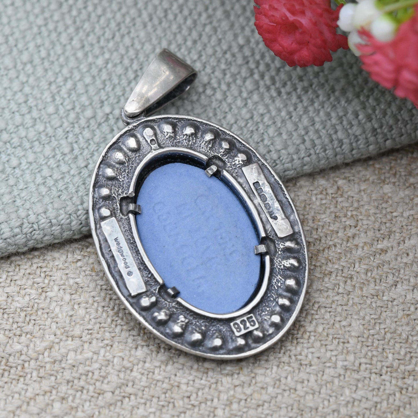 Wedgwood Sterling Silver Goddess Blue Jasperware Pendant 2001 - Sparkly CZ Border Frame Oval Classical Cameo | Designer Made in England