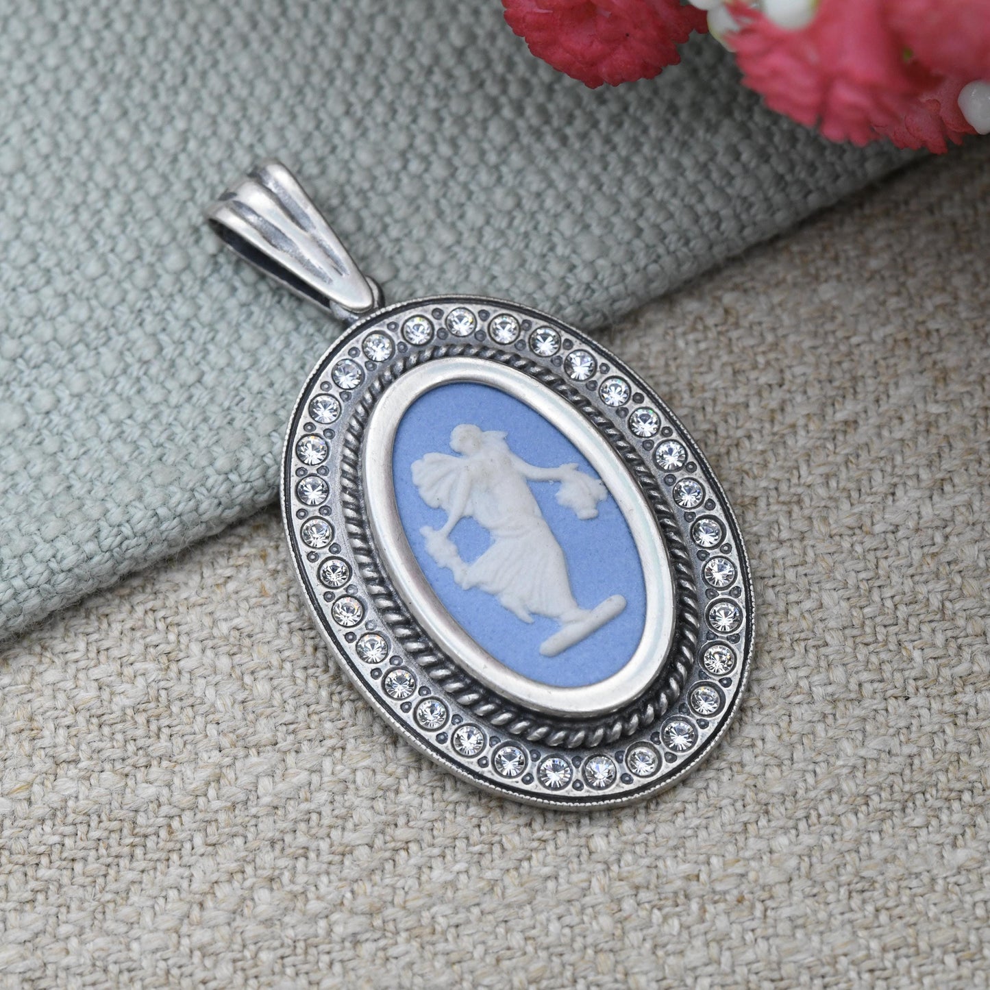 Wedgwood Sterling Silver Goddess Blue Jasperware Pendant 2001 - Sparkly CZ Border Frame Oval Classical Cameo | Designer Made in England