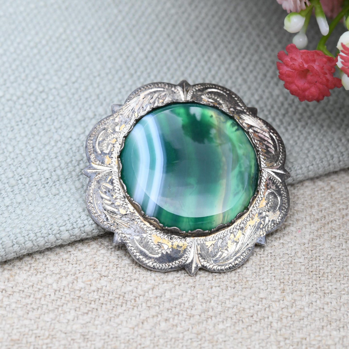 Vintage Scottish Sterling Silver Green Banded Agate Brooch 1965 Ward Brothers - Statement Silver Jewellery Pin | Edinburgh Maker's Mark WBs