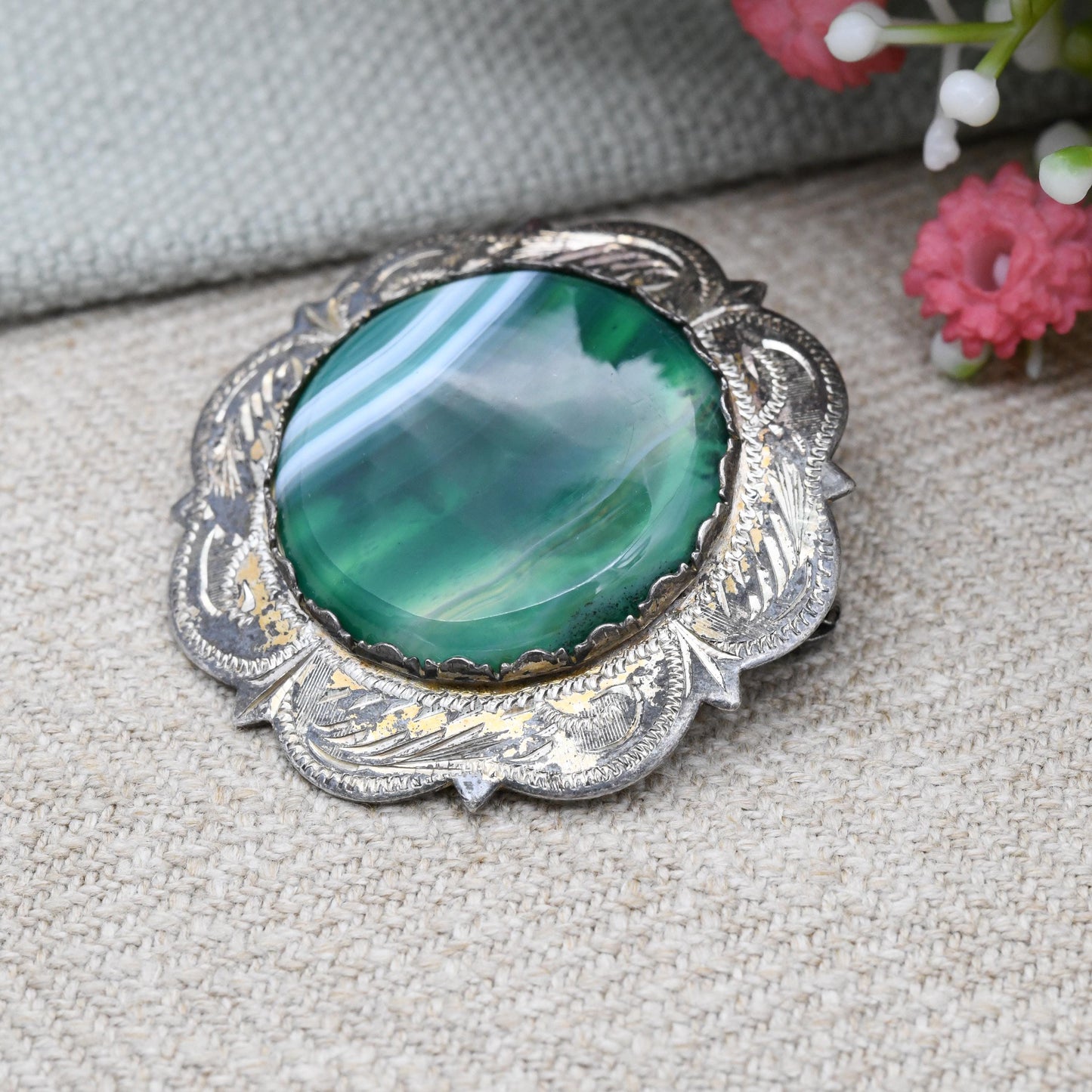 Vintage Scottish Sterling Silver Green Banded Agate Brooch 1965 Ward Brothers - Statement Silver Jewellery Pin | Edinburgh Maker's Mark WBs