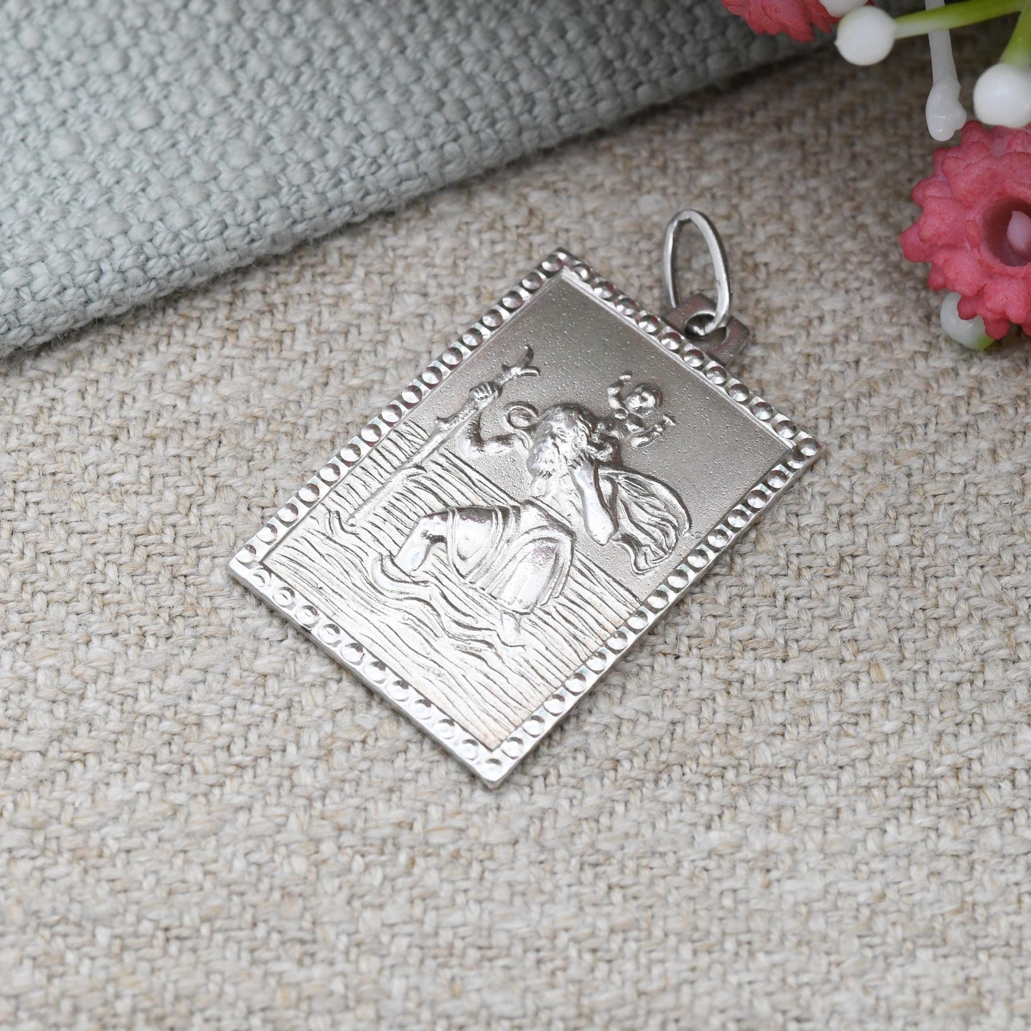 Vintage Sterling Silver St. Christopher Pendant - Rectangle Shape Border | Patron Saint of Travelling | Christian Religious Jewellery