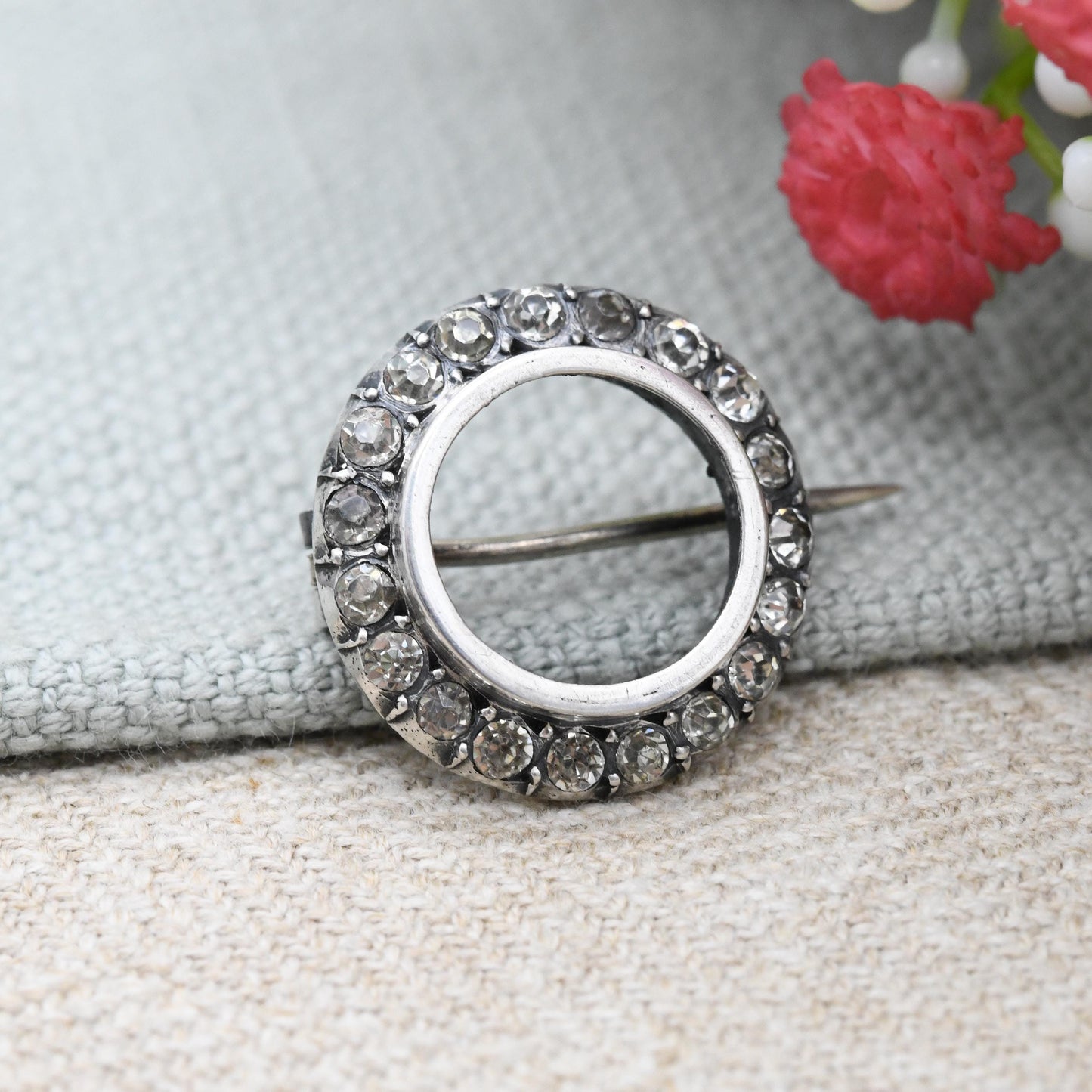 Antique French Silver Paste Wreath Brooch - Victorian Period Circle with Sparkly Clear Stones | Extended Pin | Cocktail Dress Jewellery