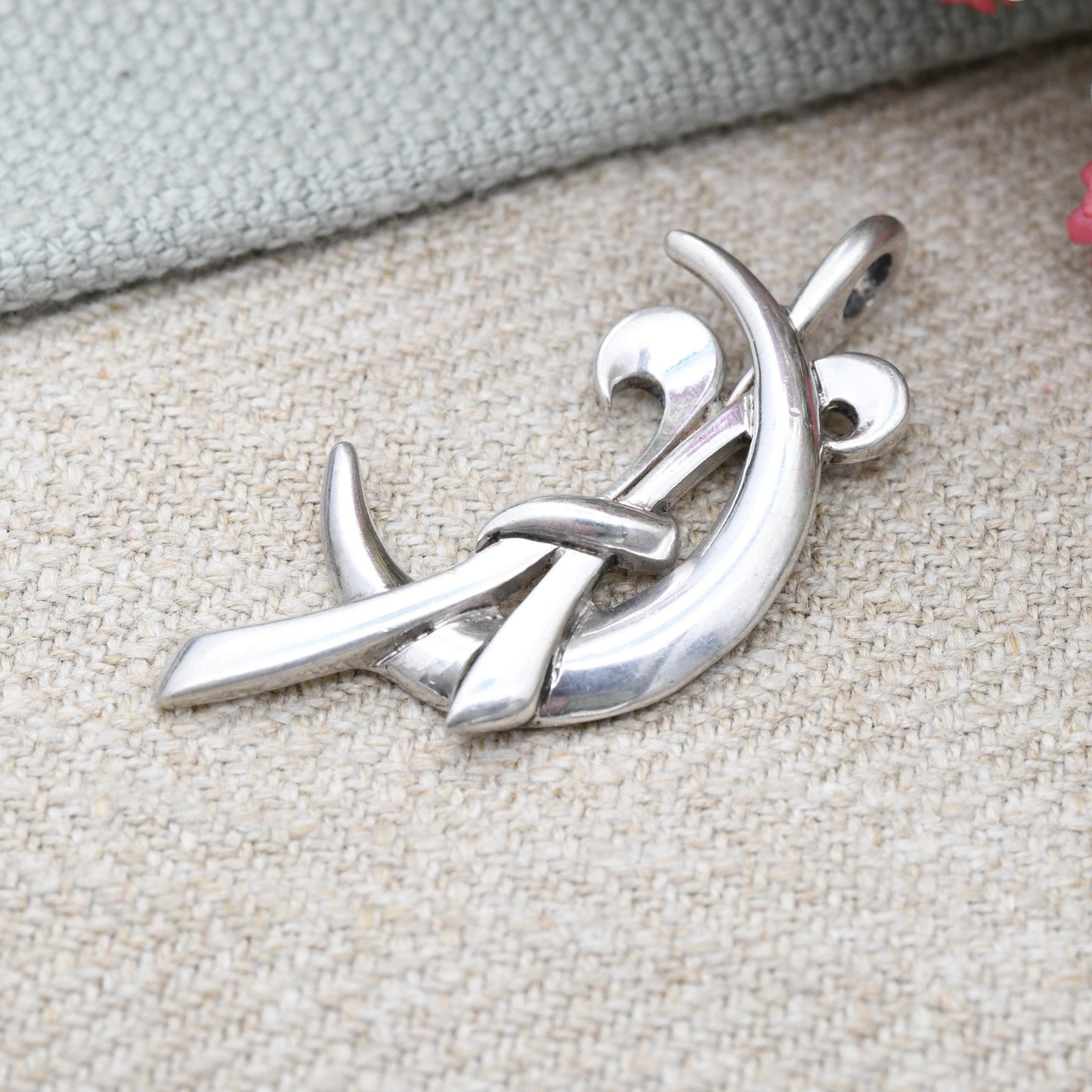 Vintage Sterling Silver Pendant Figural Crescent Moon and Ribbon Design - Abstract Solid Silver Jewellery
