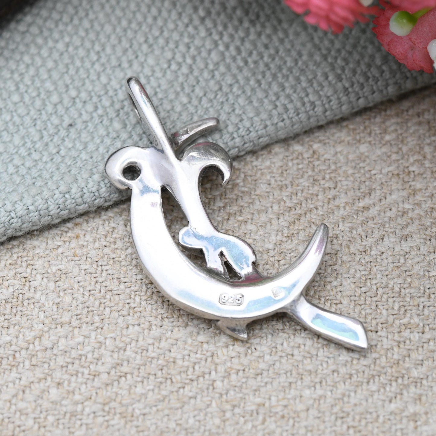 Vintage Sterling Silver Pendant Figural Crescent Moon and Ribbon Design - Abstract Solid Silver Jewellery