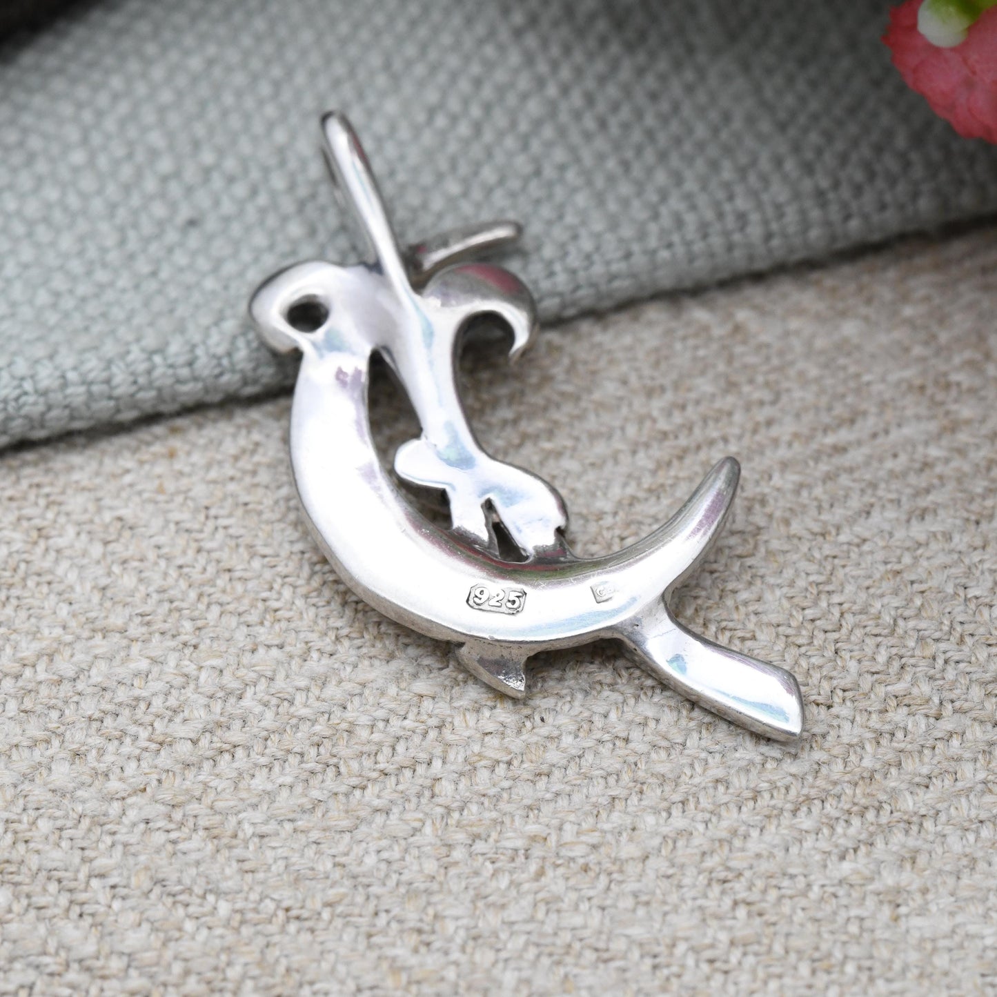 Vintage Sterling Silver Pendant Figural Crescent Moon and Ribbon Design - Abstract Solid Silver Jewellery