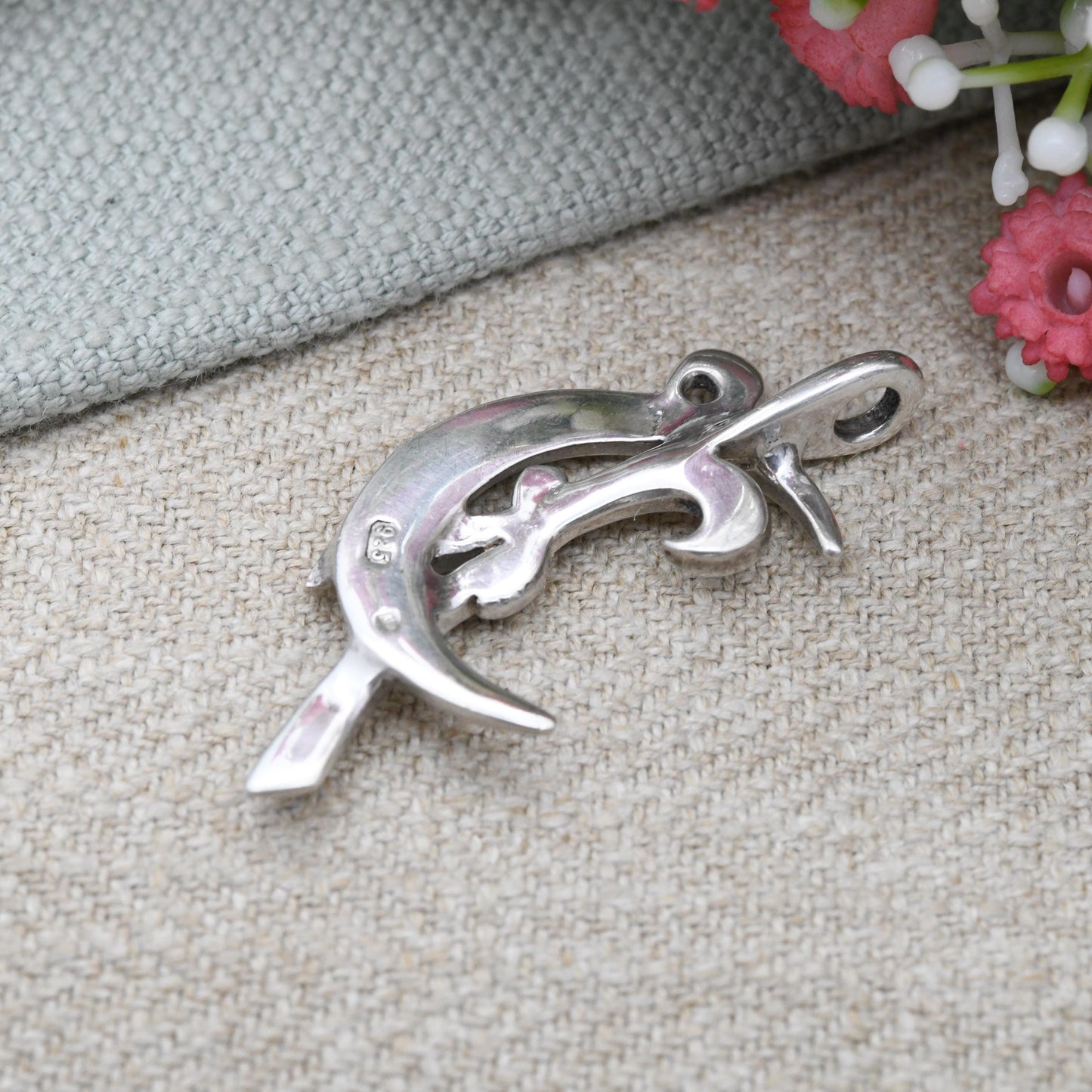 Vintage Sterling Silver Pendant Figural Crescent Moon and Ribbon Design - Abstract Solid Silver Jewellery