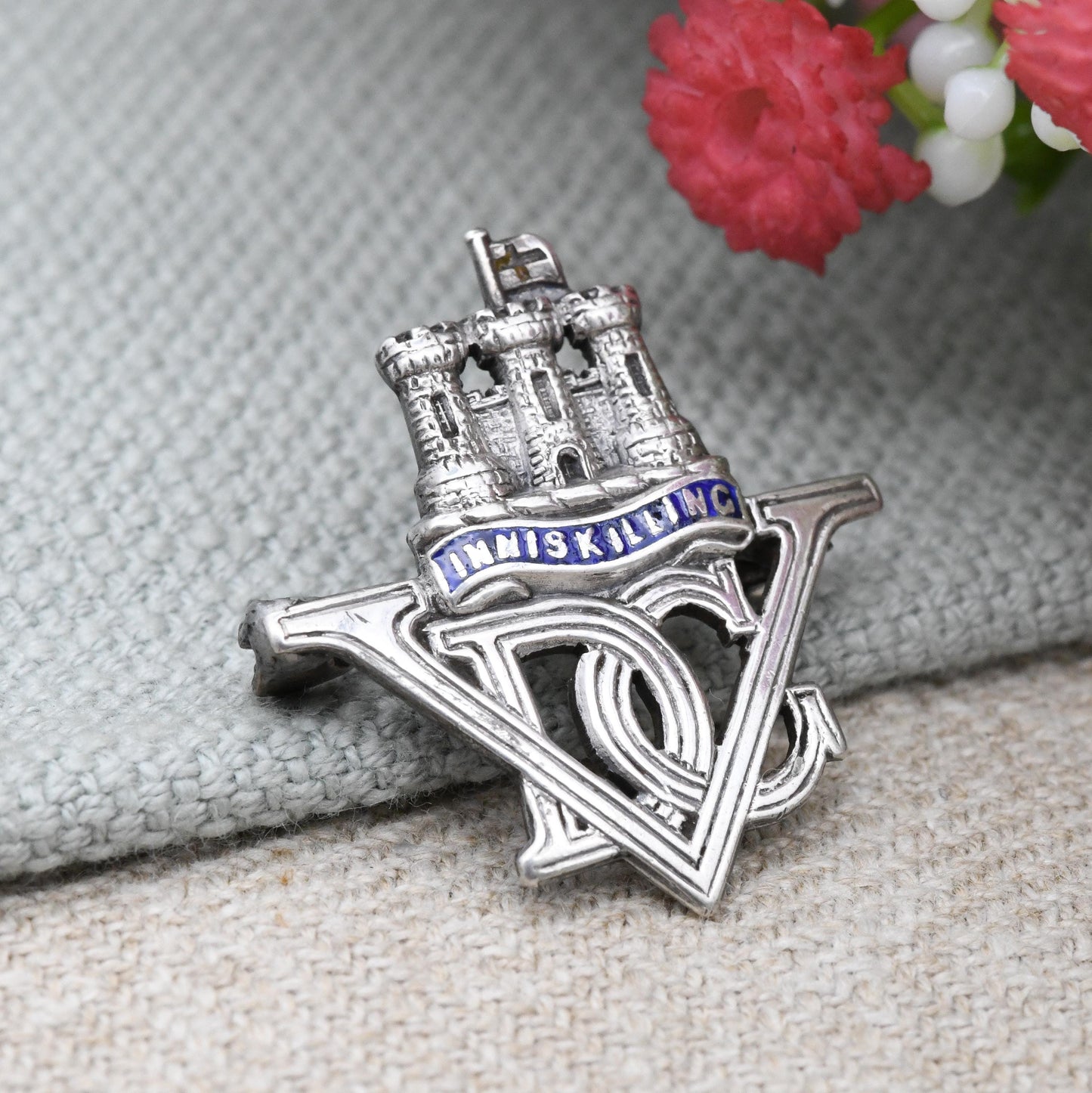 Vintage Silver Royal Inniskilling Dragoon Guards Brooch VDC Monogram - Blue Enamel | Sweetheart Brooch | British Army Infantry Collectable