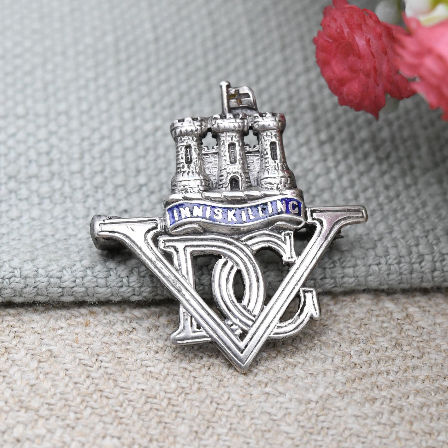 Vintage Silver Royal Inniskilling Dragoon Guards Brooch VDC Monogram - Blue Enamel | Sweetheart Brooch | British Army Infantry Collectable