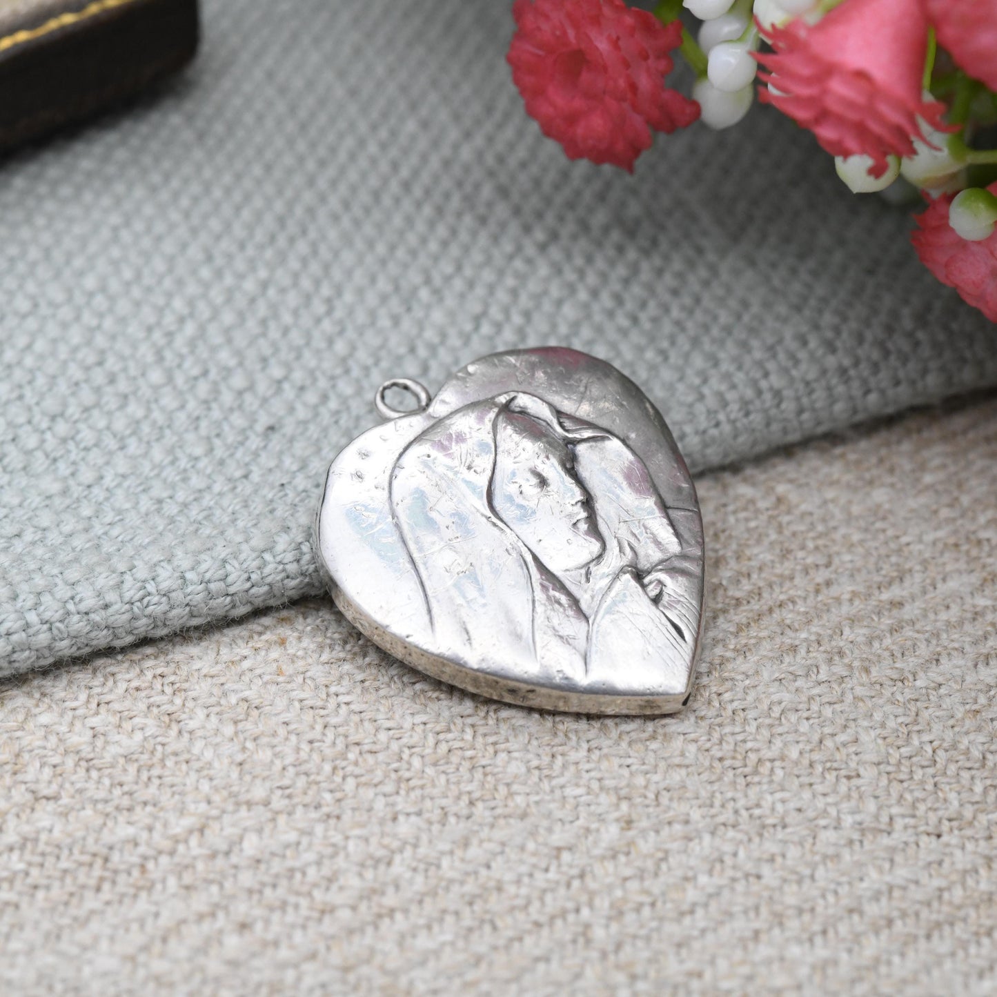Antique Silver Virgin Mary Heart Pendant with Repoussé Portrait - Vintage Christian Catholic Token | Puffed Love Heart Necklace Charm