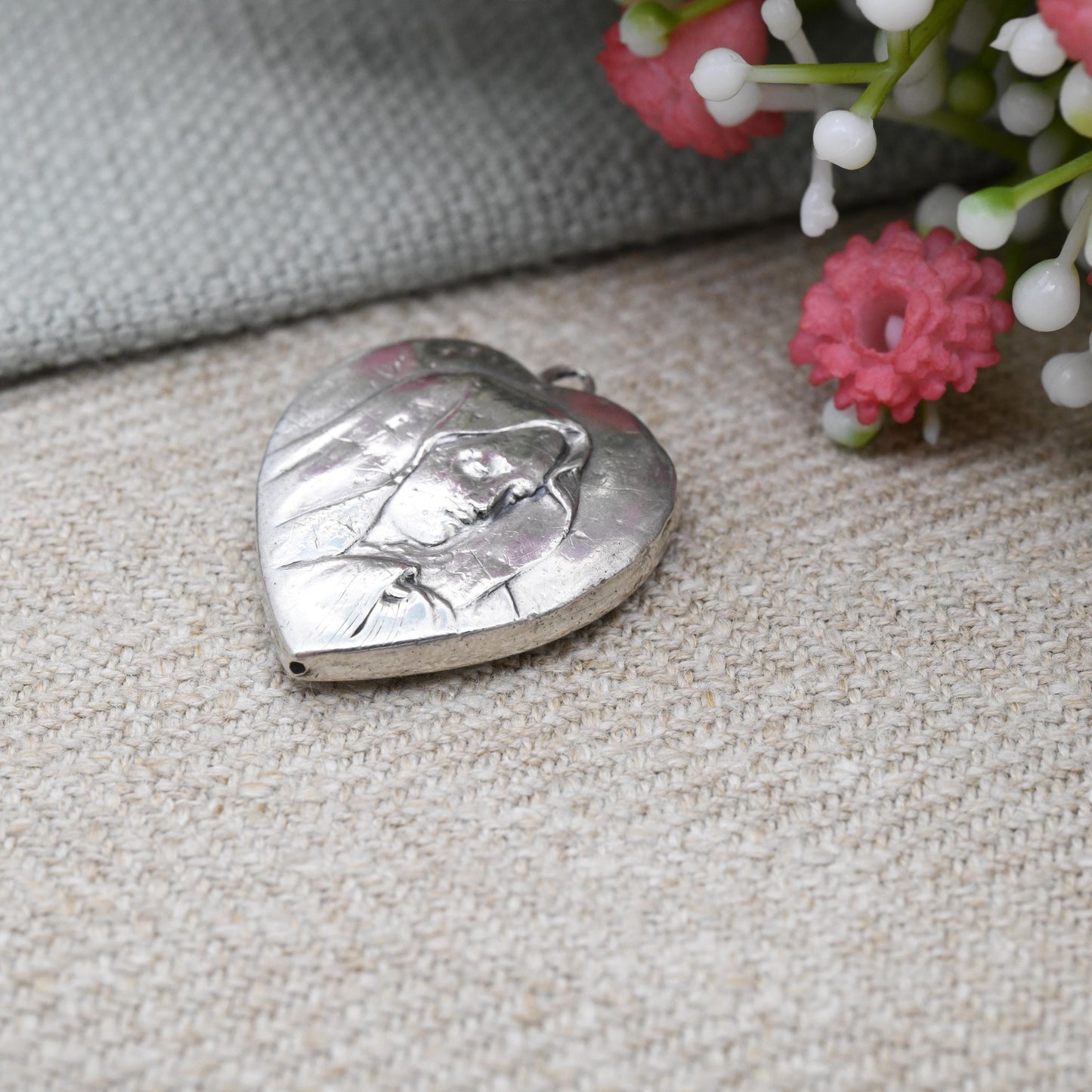 Antique Silver Virgin Mary Heart Pendant with Repoussé Portrait - Vintage Christian Catholic Token | Puffed Love Heart Necklace Charm