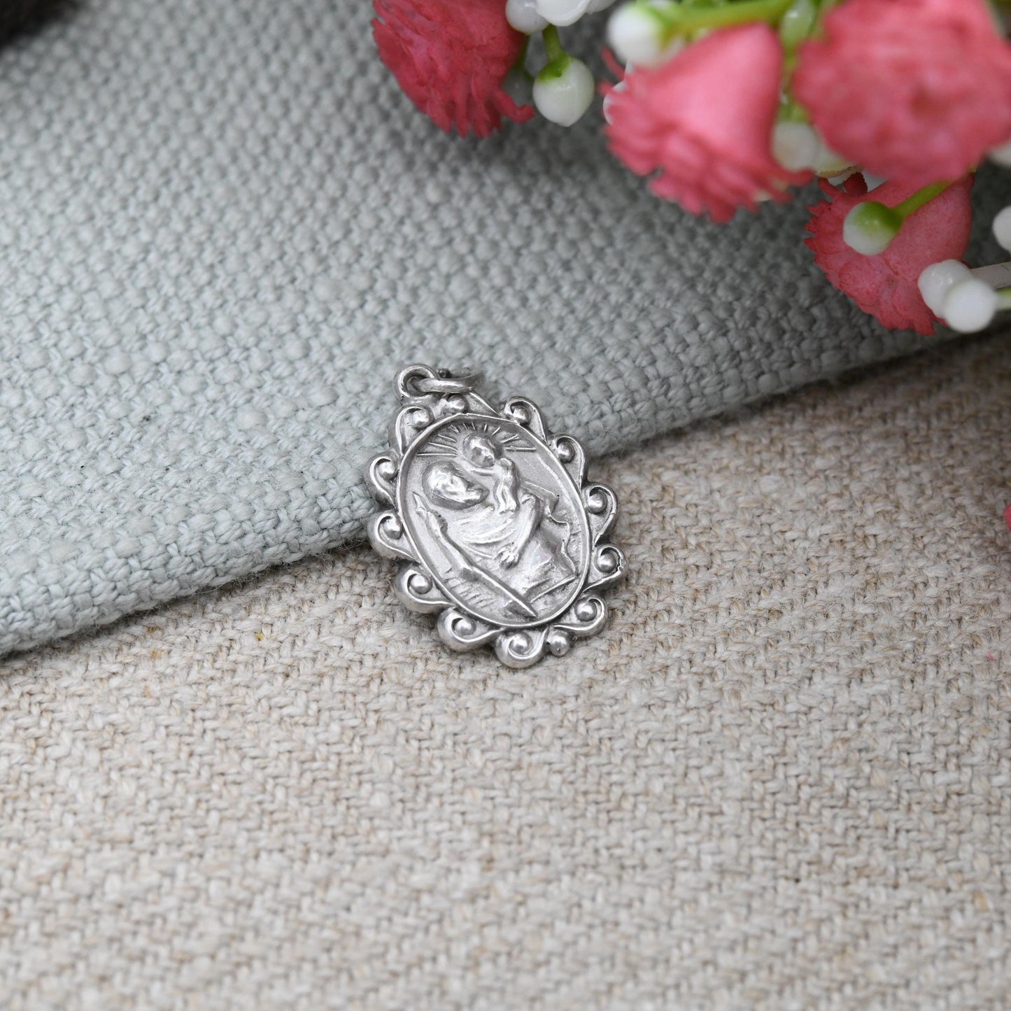 Vintage Sterling Silver St. Christopher Charm Pendant with Ornate Border - Patron Saint of Travellers | Gift for Adventurer | Protect Us