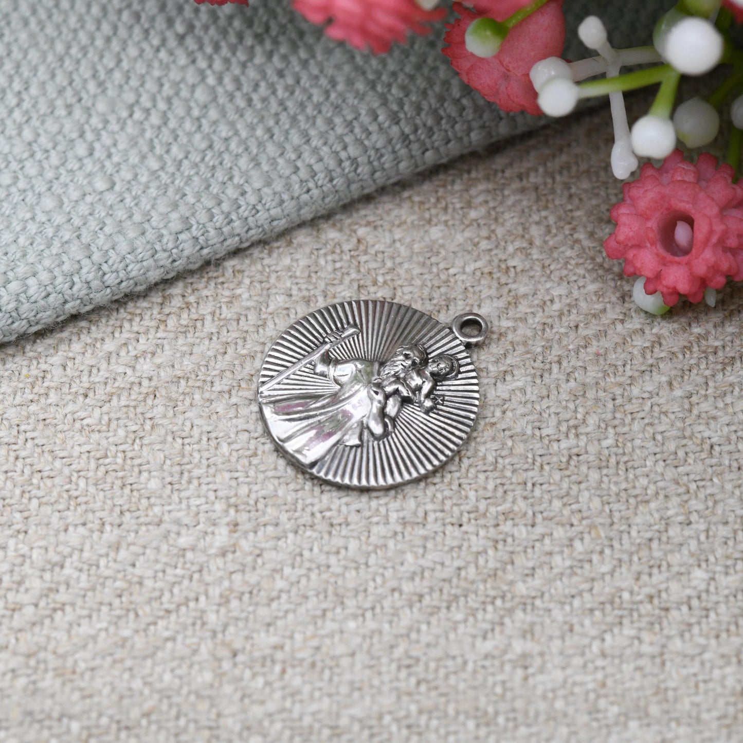 Vintage Sterling Silver St. Christopher Pendant with Halo Design - Mid-Century Textured 3D Solid Silver Charm | Patron Saint of Travellers