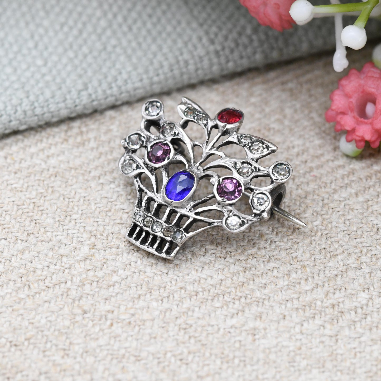 Antique Silver and Paste Giardinetti Brooch c. 1910s - Basket of Flowers Jewellery Statement Colourful Sparkly Brooch Gift | Rose Cut Stones