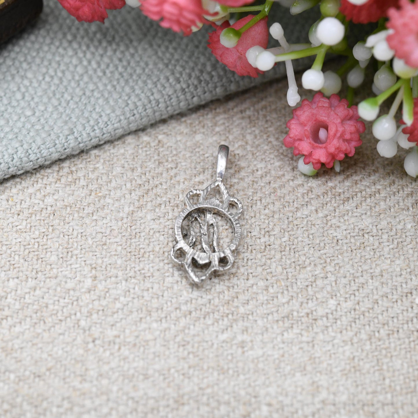 Vintage Sterling Silver Letter M Pendant with Ornate Open Border - Cute Initial Gift Mid-Century Necklace Charm Personalised Jewellery