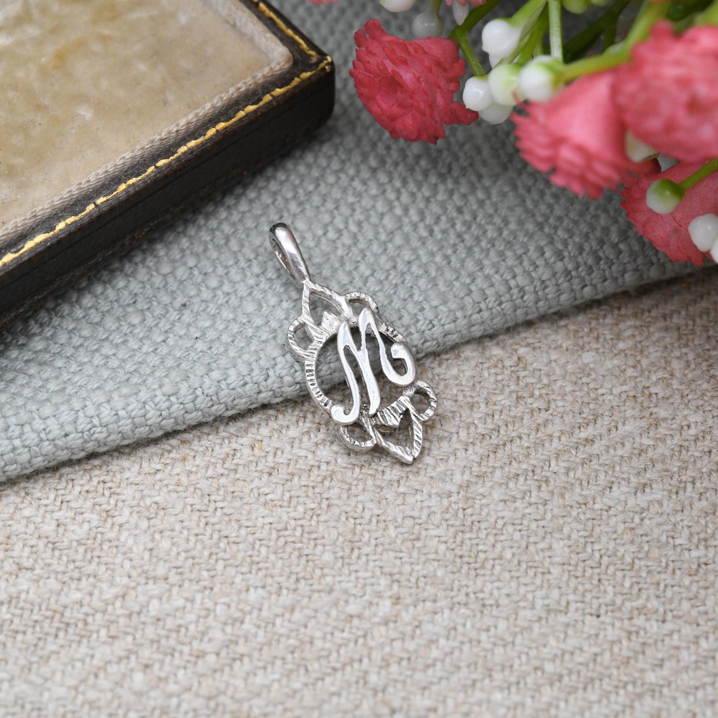 Vintage Sterling Silver Letter M Pendant with Ornate Open Border - Cute Initial Gift Mid-Century Necklace Charm Personalised Jewellery
