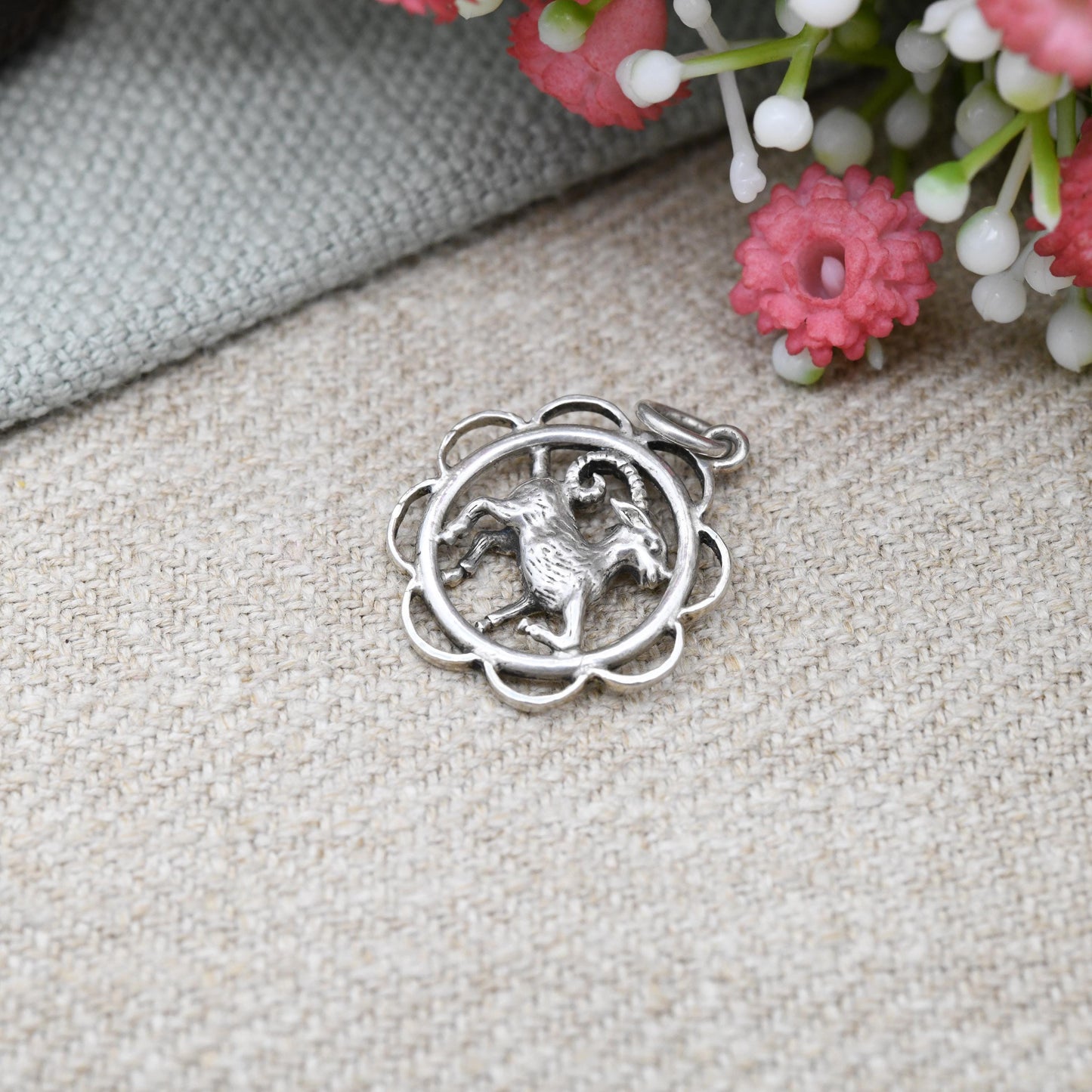 Vintage Sterling Silver Aries Charm Pendant - Ram Goat Astrological Zodiac Star Sign Symbol | c. 1970s Mid-Century March April Birthday Gift