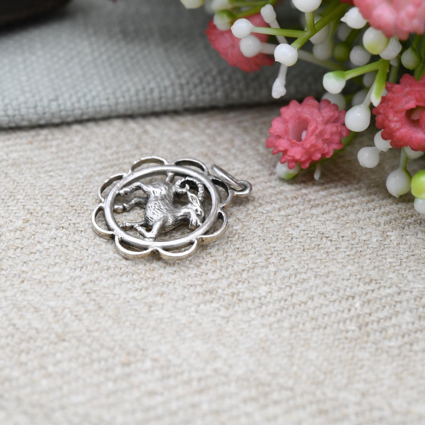 Vintage Sterling Silver Aries Charm Pendant - Ram Goat Astrological Zodiac Star Sign Symbol | c. 1970s Mid-Century March April Birthday Gift