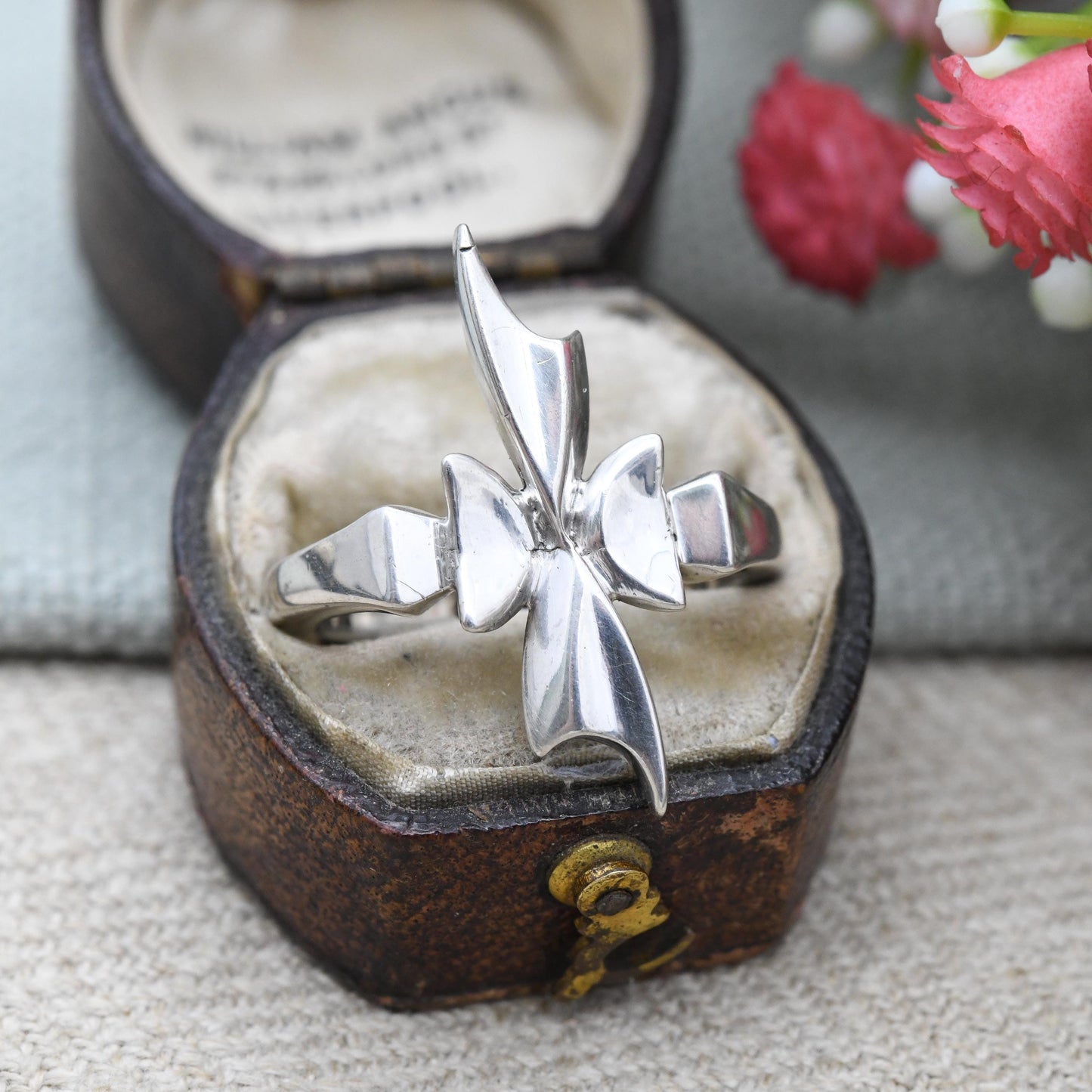 Vintage Sterling Silver Ribbon Cross Ring 1979 - Mid-Century Modernist Silver Jewellery Statement Gift | UK Size - P | US Size - 7 1/2