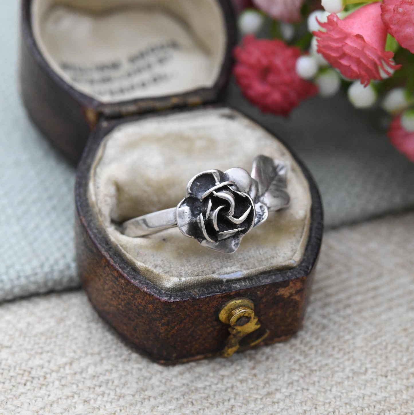 Vintage Sterling Silver Rose Ring - Detailed Flower Floral Shape | Pretty Gift for Her | UK Size - O 1/2 | US Size - 7 1/2