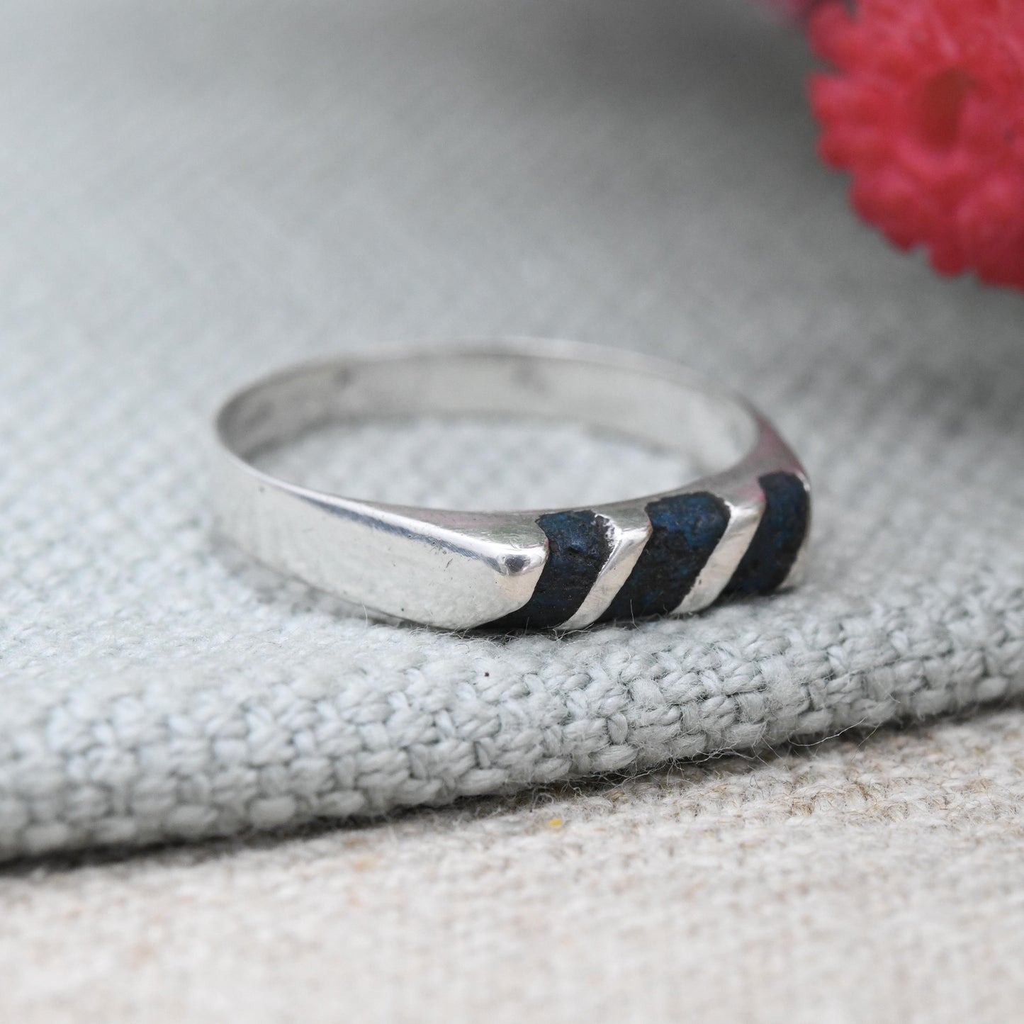 Vintage Mexican Sterling Silver Inlaid Gemstone Band Ring - Mid-Century Stacking Ring | Made in Mexico | UK Size - M 1/2 | US Size - 6 1/4