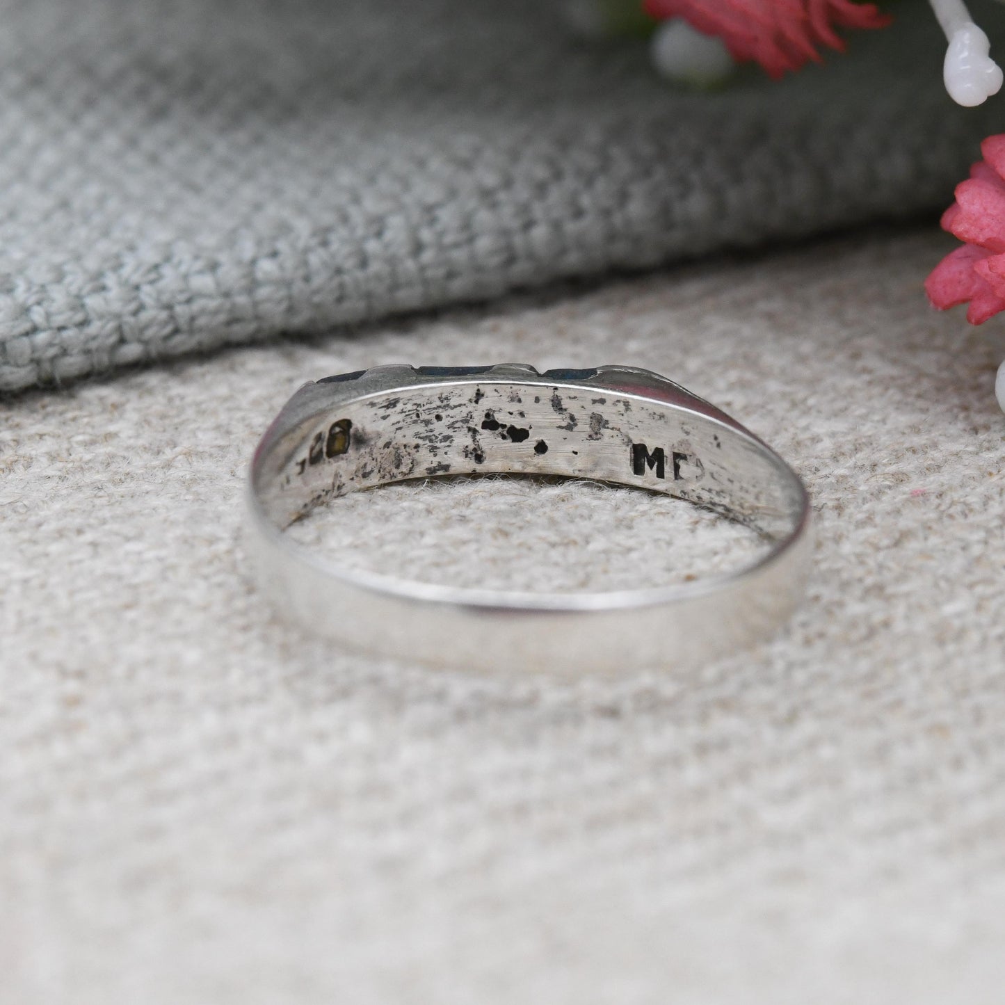 Vintage Mexican Sterling Silver Inlaid Gemstone Band Ring - Mid-Century Stacking Ring | Made in Mexico | UK Size - M 1/2 | US Size - 6 1/4