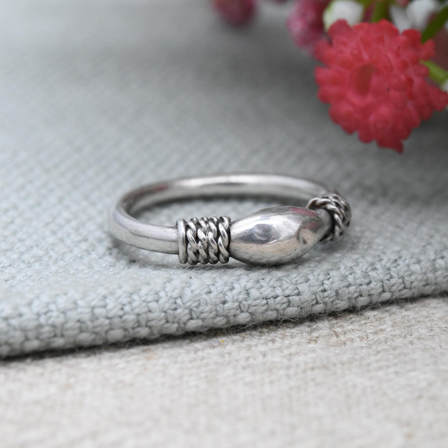 Vintage Sterling Silver Rope Twist Oval Ball Ring - Minimal Unusual Unisex Everyday Silver Band | UK Size - J 1/2 | US Size - 5