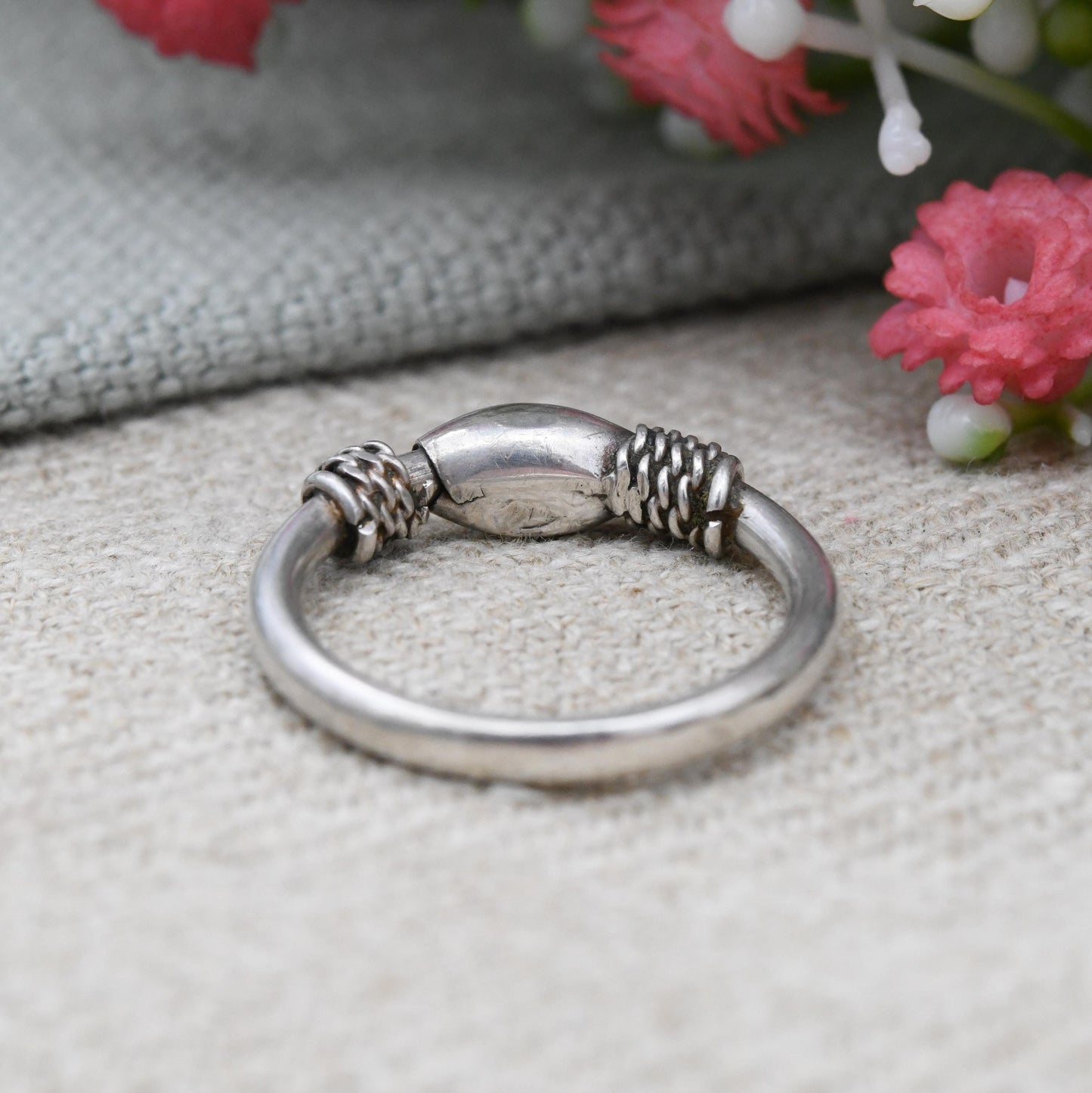 Vintage Sterling Silver Rope Twist Oval Ball Ring - Minimal Unusual Unisex Everyday Silver Band | UK Size - J 1/2 | US Size - 5