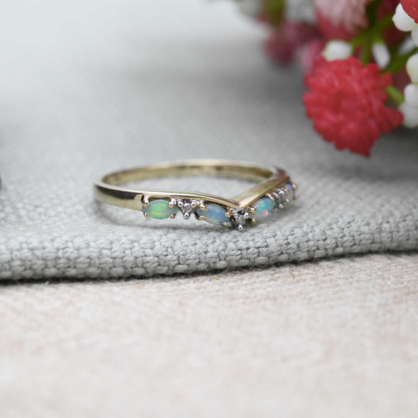 9ct Gold Opal and Diamond Wishbone Ring 2005 - QVC Pretty Blue White Gemstones Jewellery | Gift for Ring Stack | UK Size - S | US Size - 9