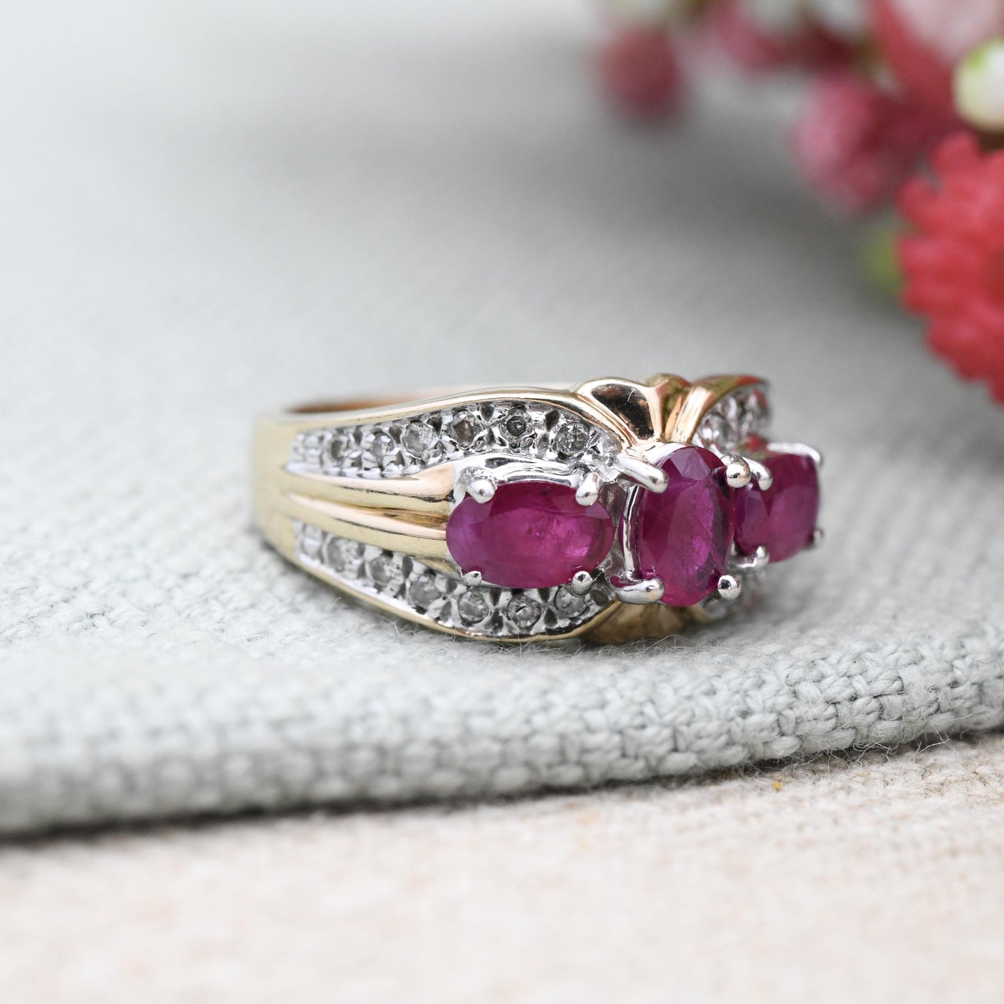 Vintage 9ct Gold Ruby and Diamond Statement Ring - Three Stone Ruby Cocktail | .20 Carats 20 Points Diamonds | UK Size - N 1/2 | US Size - 7